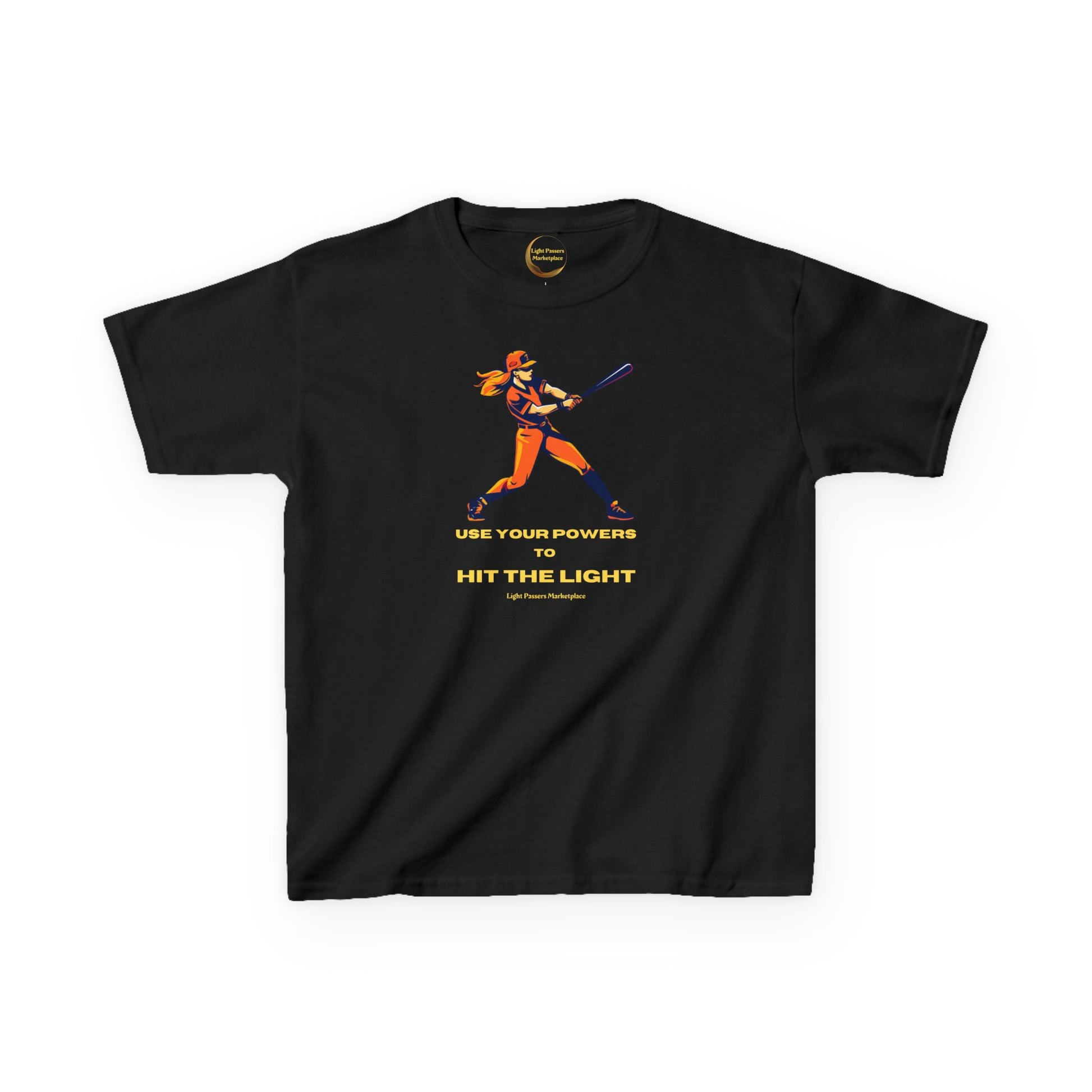 Black youth T-shirt featuring a two-tone baseball player graphic and the slogan USE YOUR POWERS TO HIT THE LIGHT, from Light Passers Marketplace.