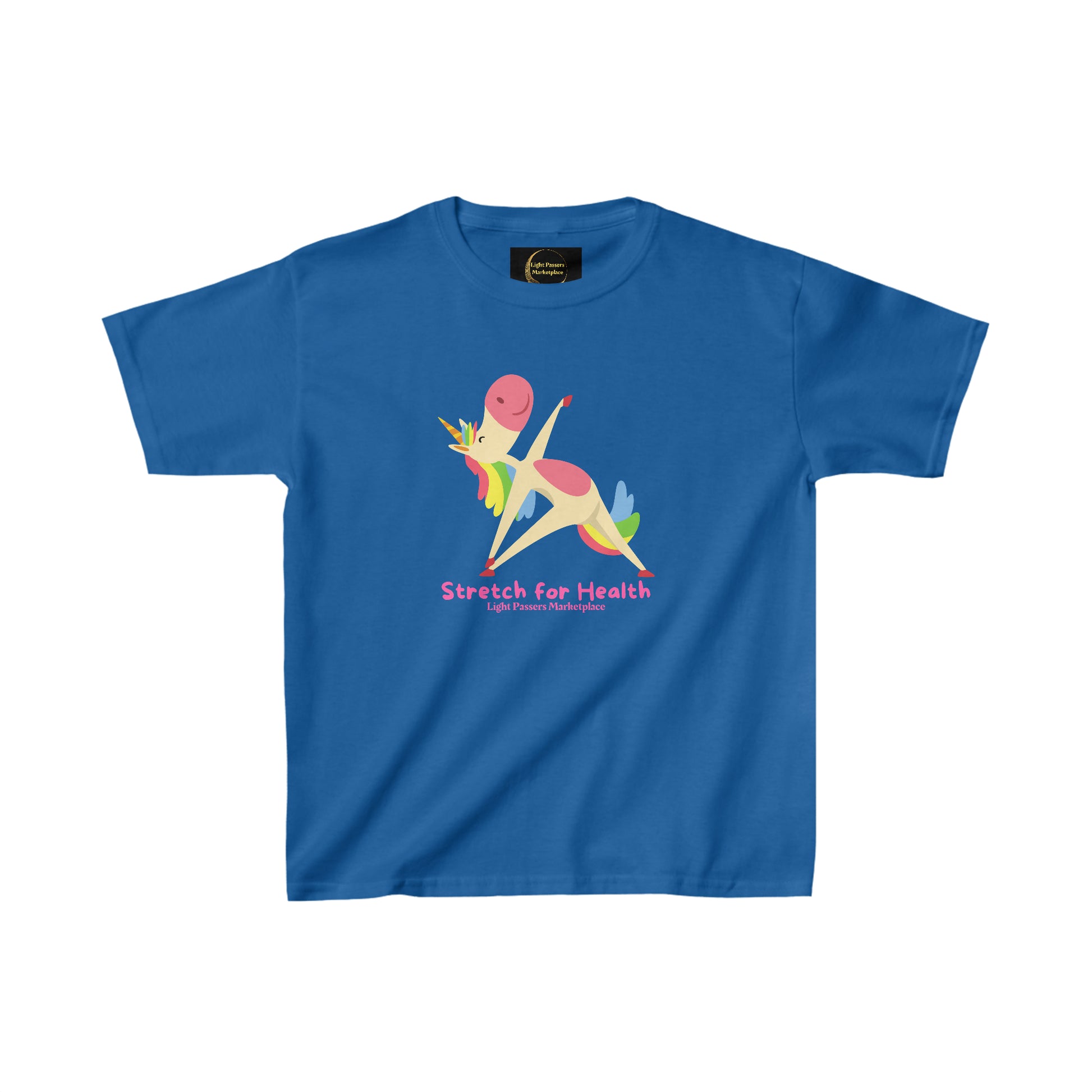 A youth t-shirt featuring a cartoon unicorn stretching, made of 100% cotton with twill tape shoulders for durability and a curl-resistant collar. Ethically sourced and Oeko-Tex certified for quality.