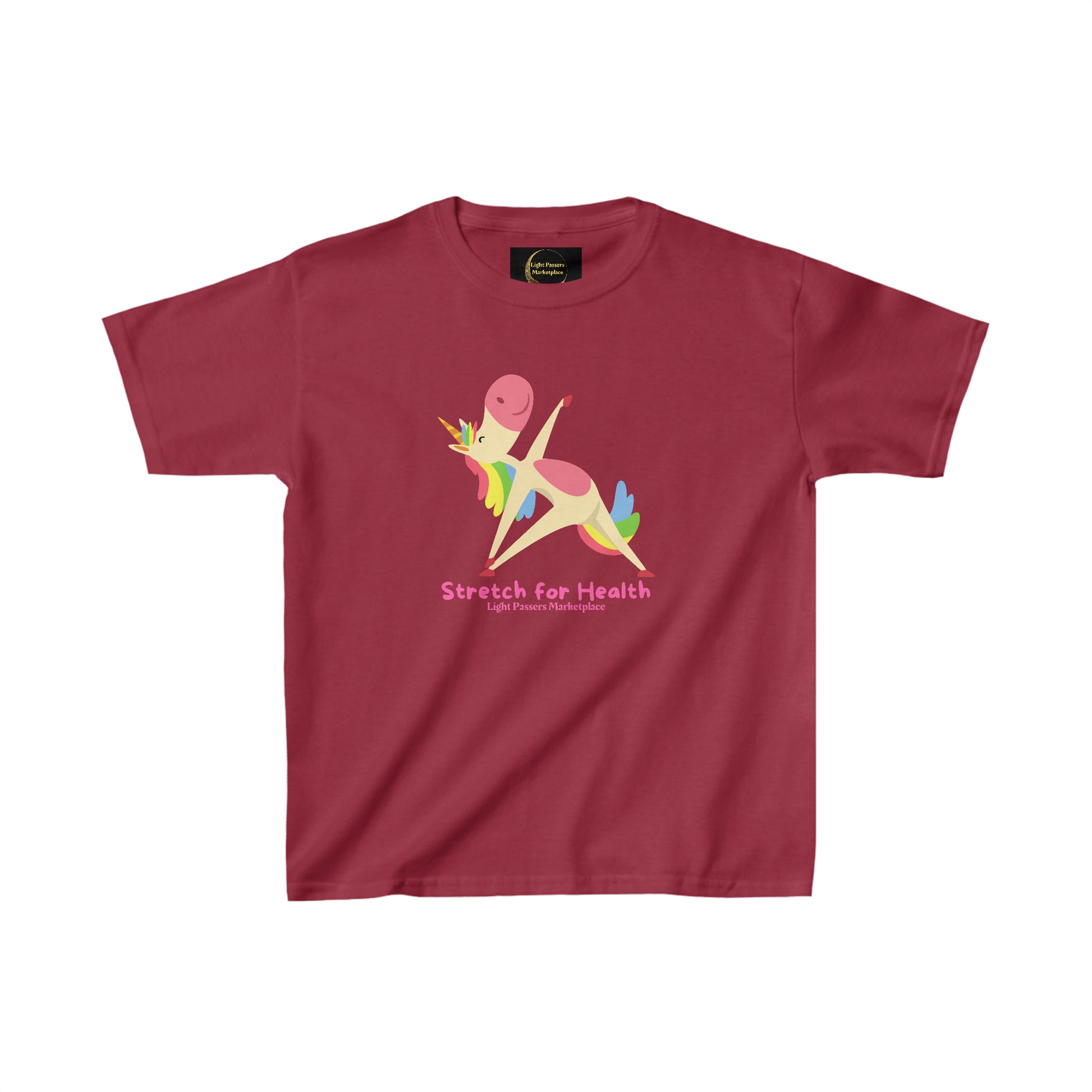 A red youth t-shirt featuring a cartoon unicorn stretching, made of 100% cotton with twill tape shoulders for durability and a curl-resistant collar. Ethically sourced and Oeko-Tex certified for safety.