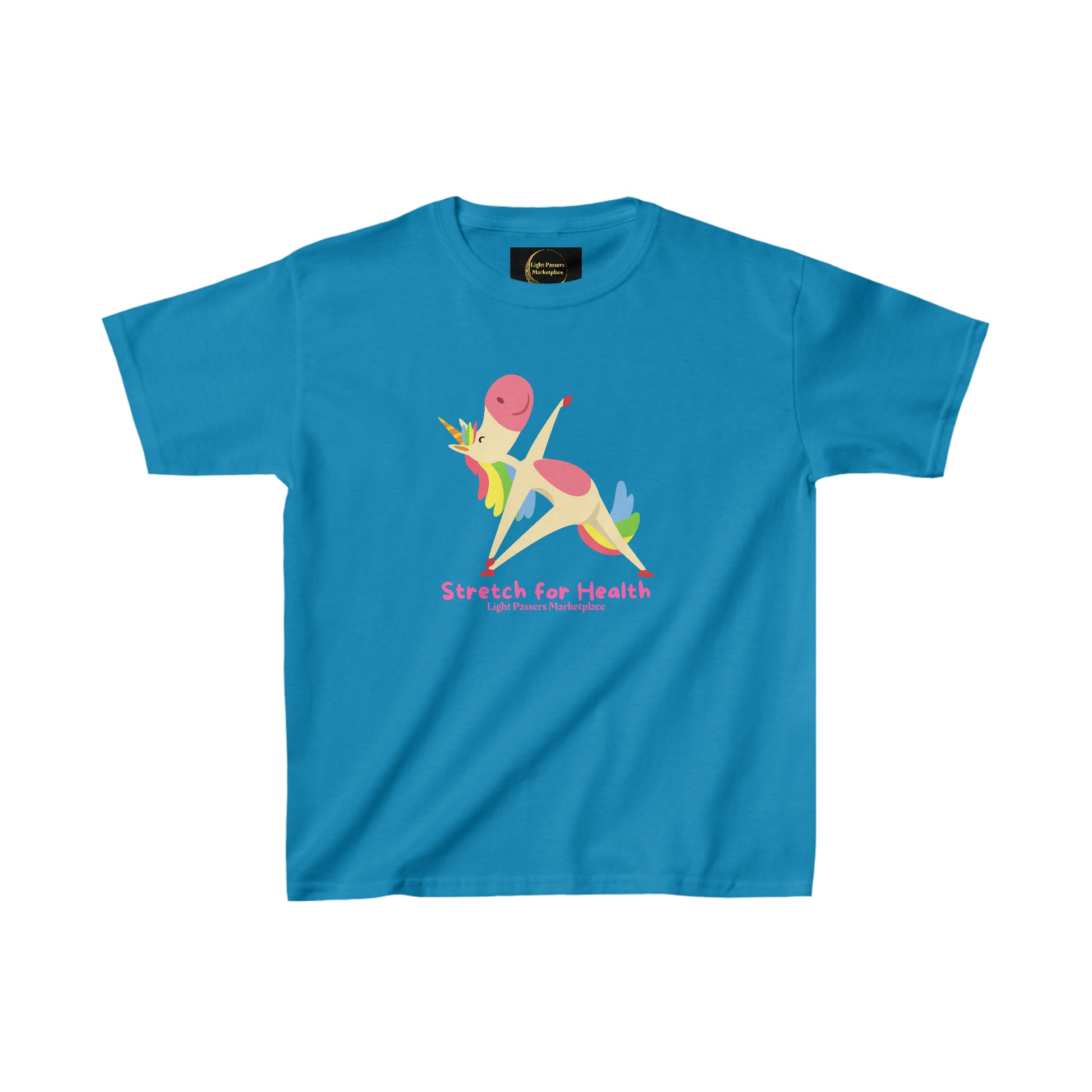 A blue youth t-shirt featuring a cartoon unicorn stretching, made of 100% cotton with twill tape shoulders for durability and ribbed collar for curl resistance. Ethically produced by Gildan.