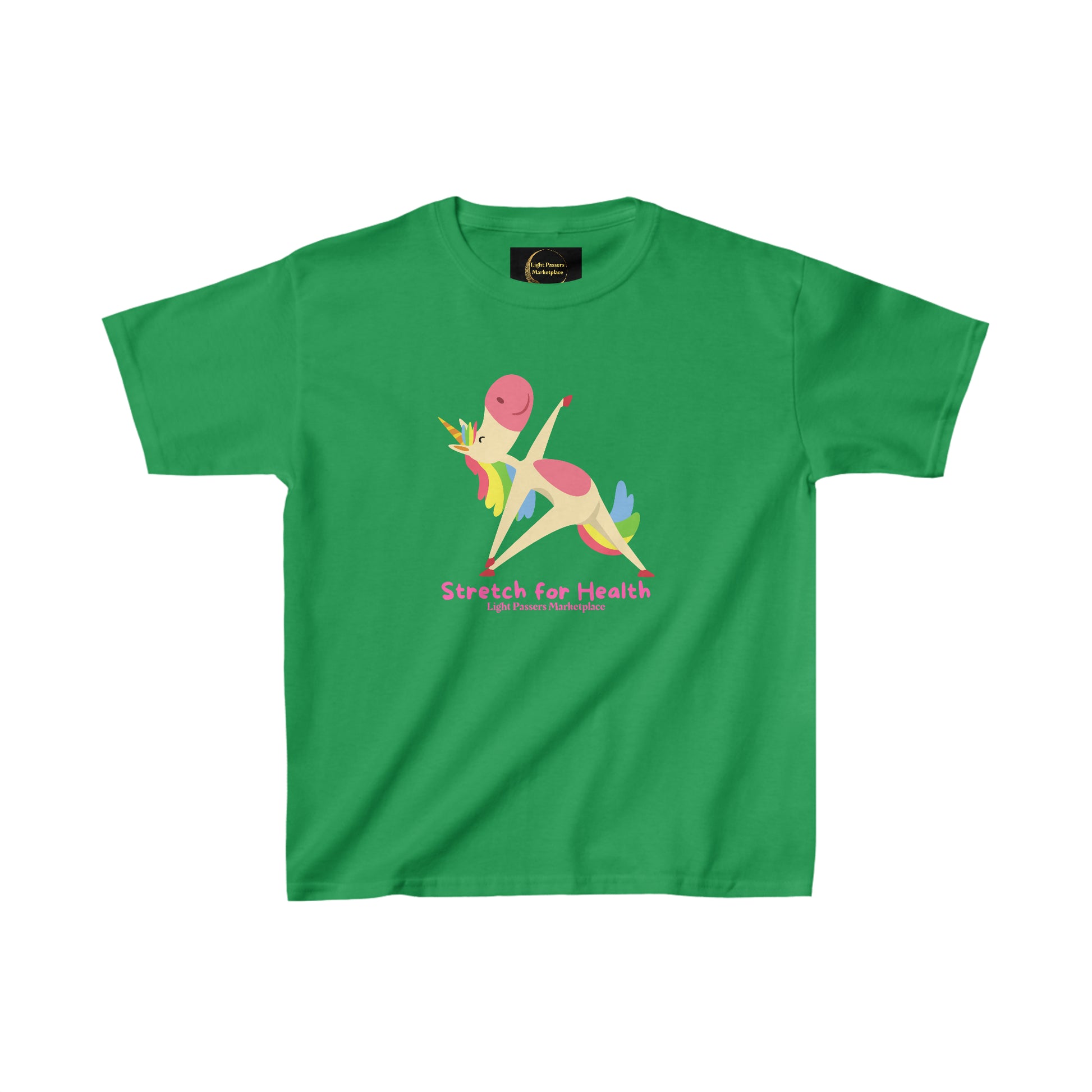 A green youth t-shirt featuring a cartoon unicorn stretching, made of 100% cotton with twill tape shoulders for durability and a curl-resistant collar. Ethically produced by Gildan, with tear-away labels for comfort.