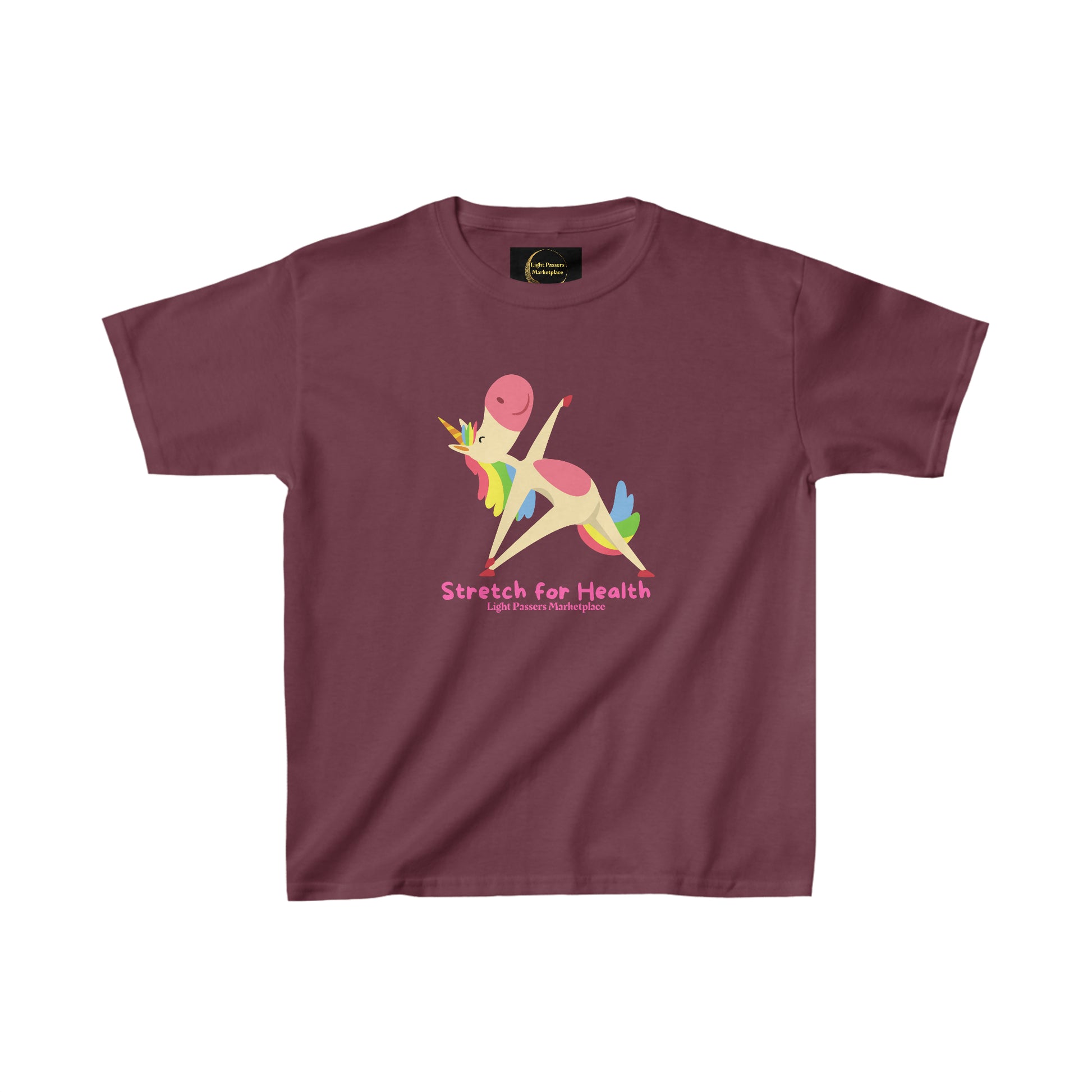 Youth purple t-shirt featuring a cartoon unicorn stretching. Made of 100% cotton with twill tape shoulders for durability and ribbed collar for curl resistance. Ethically sourced US cotton.