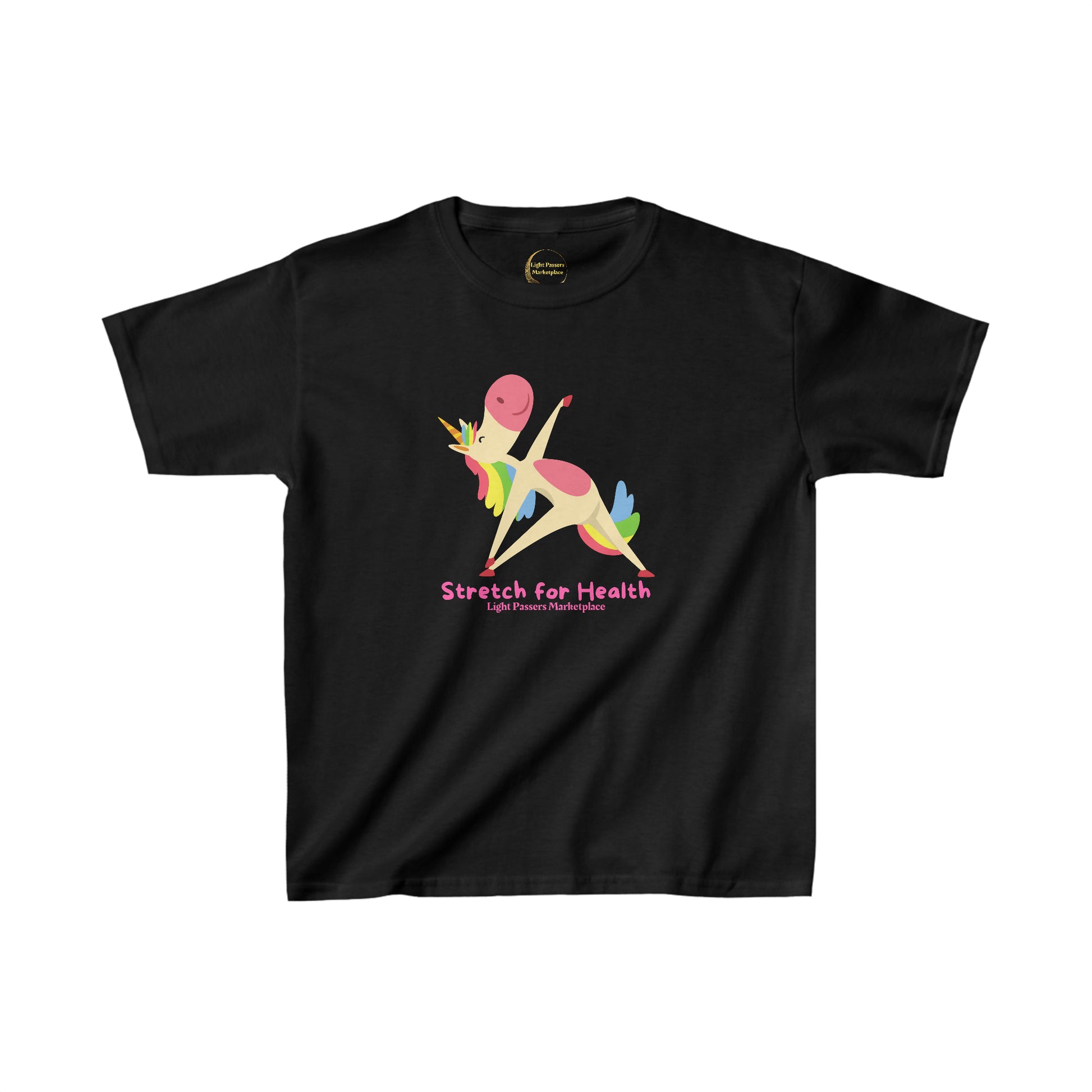 A black youth t-shirt featuring a cartoon unicorn stretching, made of 100% cotton for comfort and durability. Ethically sourced and ideal for everyday wear.