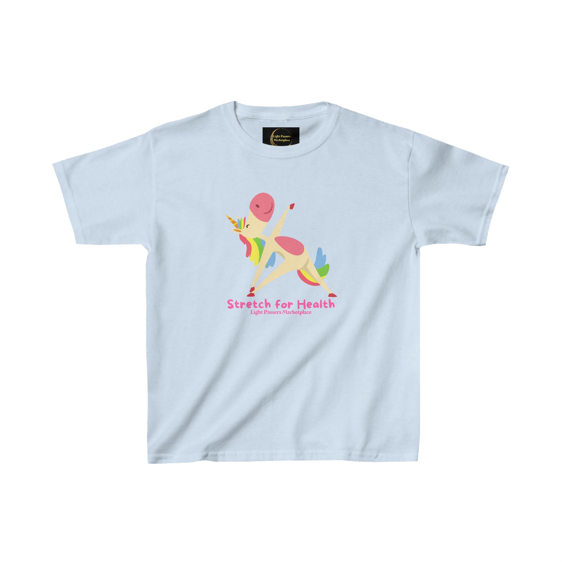 A kids' cotton tee featuring a unicorn stretching design. Made with 100% US cotton, ribbed collar, tear-away labels, and ethically sourced materials. Ideal for everyday wear.