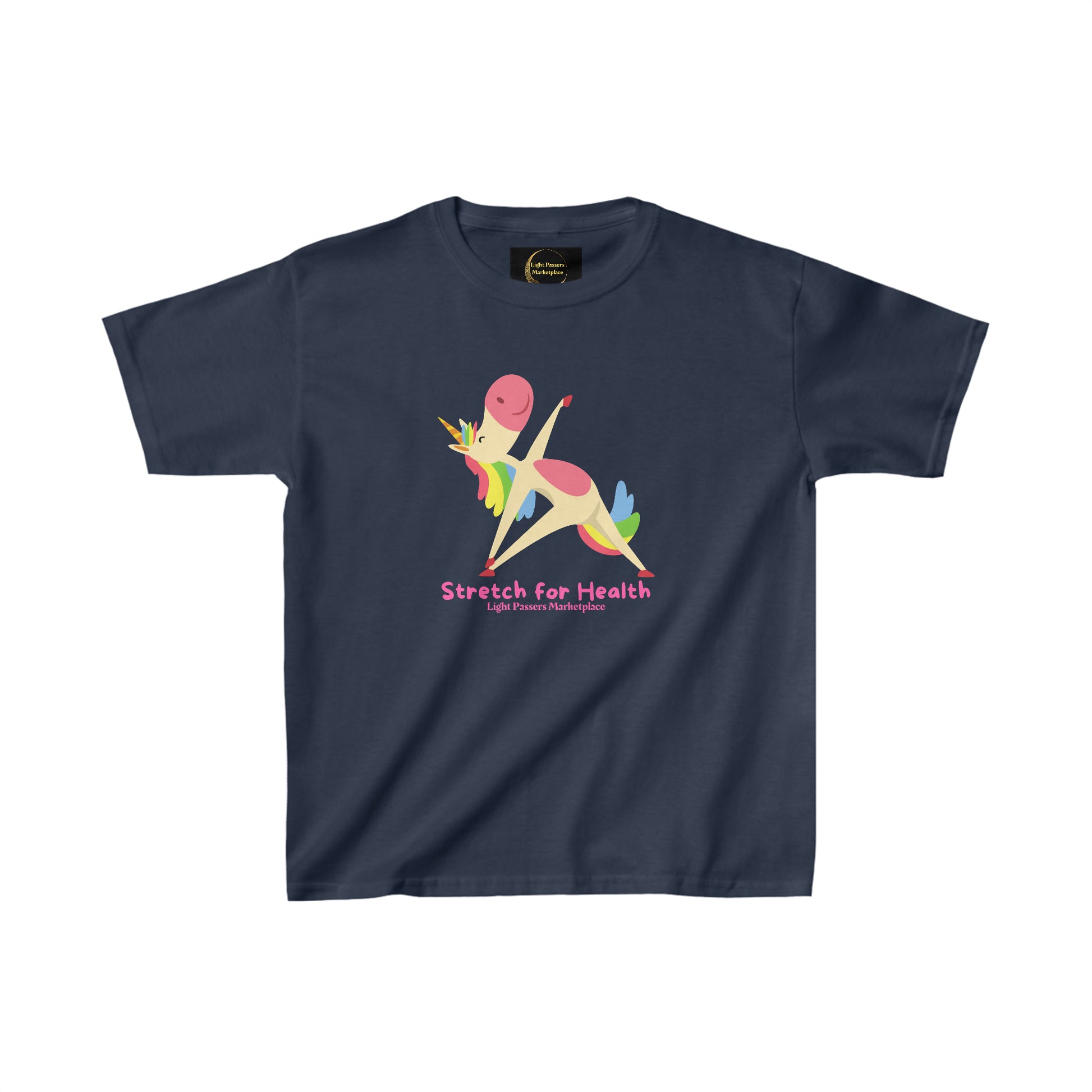 A blue youth t-shirt featuring a cartoon unicorn stretching, made of 100% cotton with twill tape shoulders and ribbed collar for durability and comfort. Ethically sourced and Oeko-Tex certified.