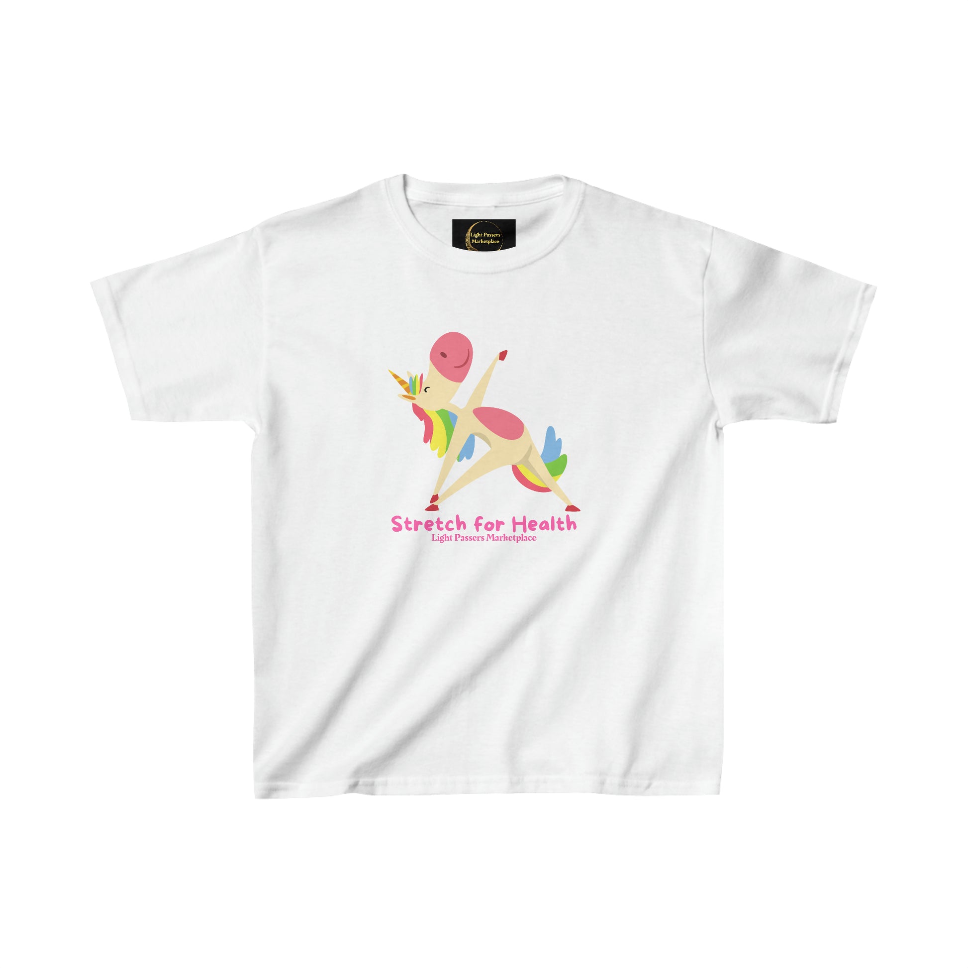 A white youth t-shirt featuring a cartoon unicorn stretching, made of 100% cotton with twill tape shoulders for durability and ribbed collar for curl resistance. Ethically sourced US cotton.