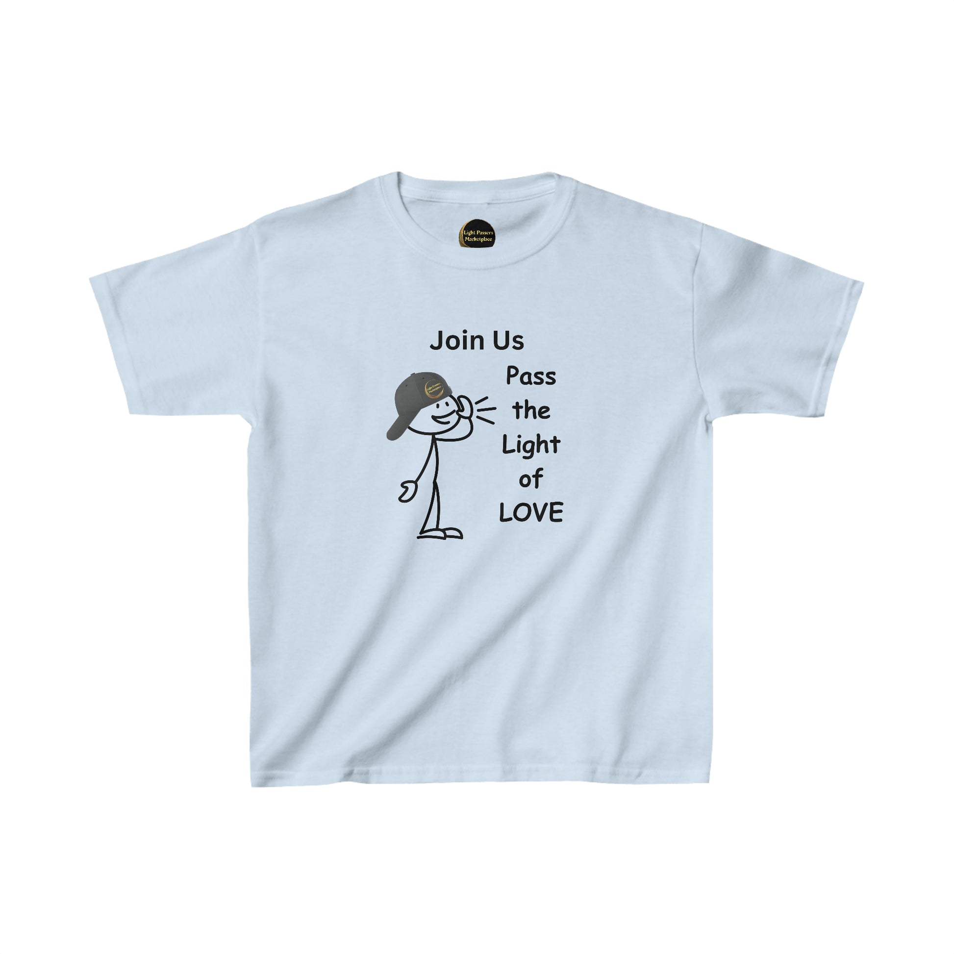 Youth white t-shirt featuring a cartoon stick figure with a cap. Made of 100% cotton, ideal for printing, with twill tape shoulders for durability and ribbed collar for curl resistance.