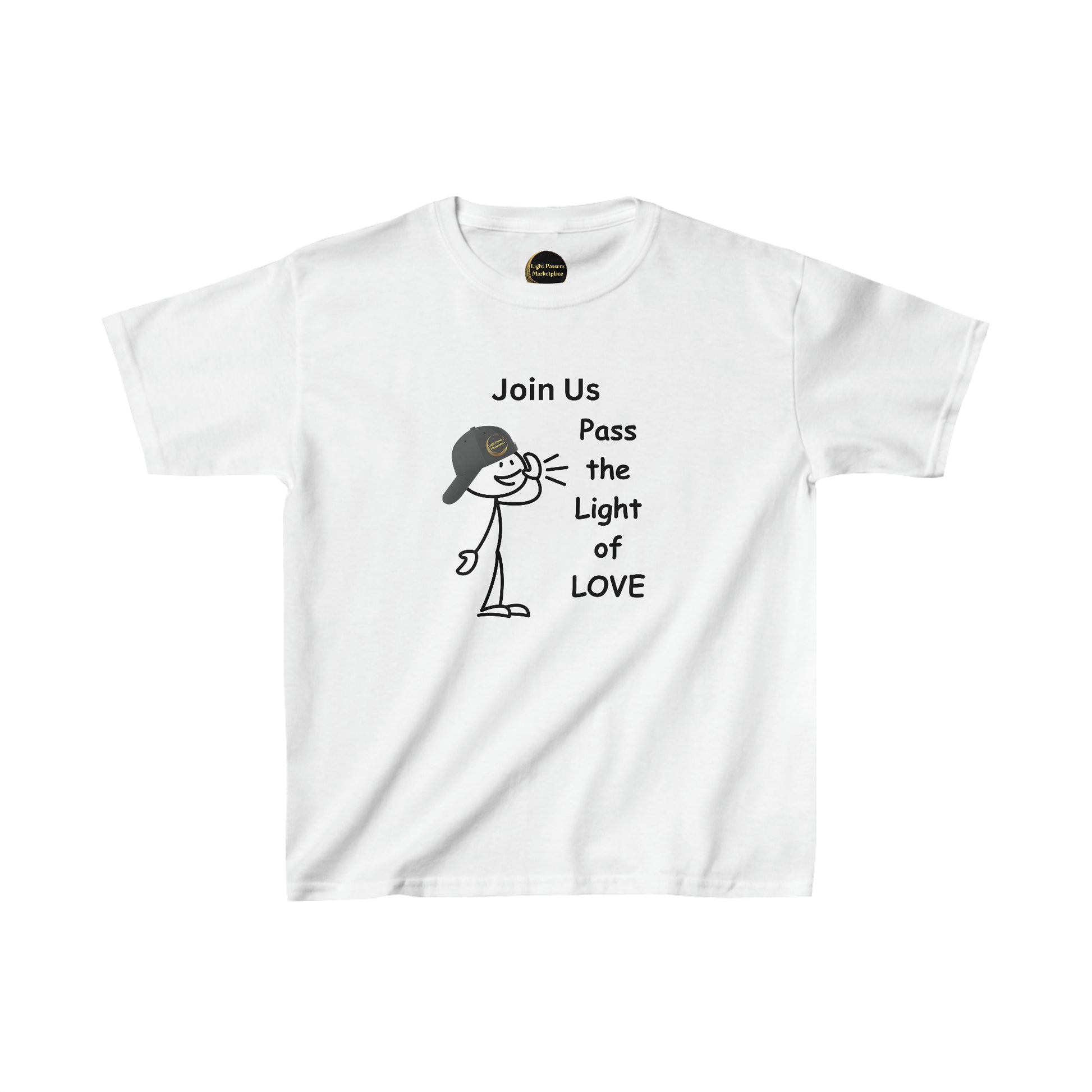 A white youth t-shirt featuring a cartoon stick figure with a hat. Made of 100% cotton, ideal for printing, with twill tape shoulders and ribbed collar for durability.