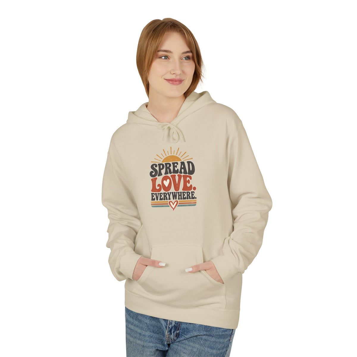Adult Unisex Spread Love Everywhere Hoodie — Retro Sun Heart Graphic