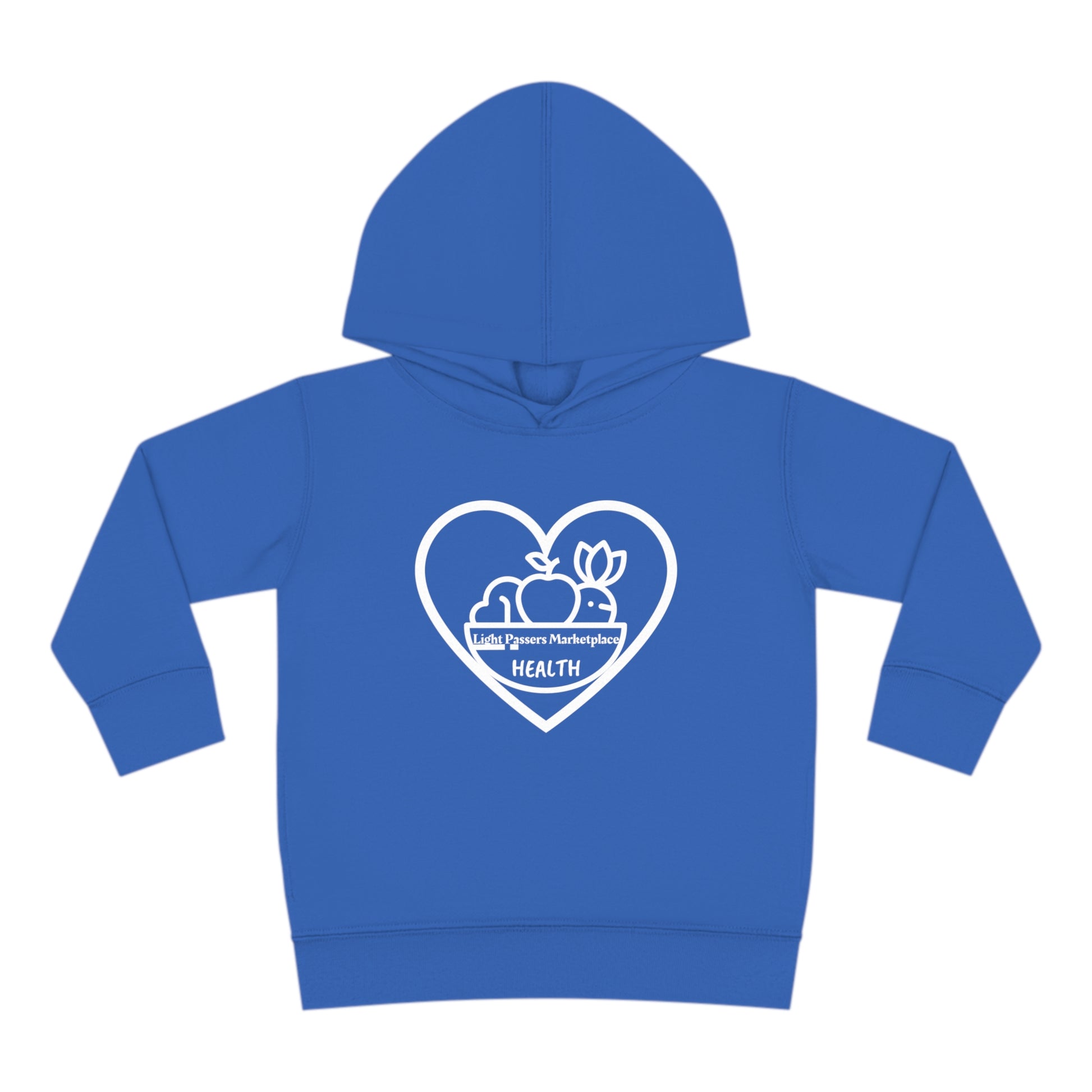 A toddler hoodie featuring a heart and fruit design, with side seam pockets and cover-stitched details for durability and comfort. Made of 60% cotton, 40% polyester blend for coziness.