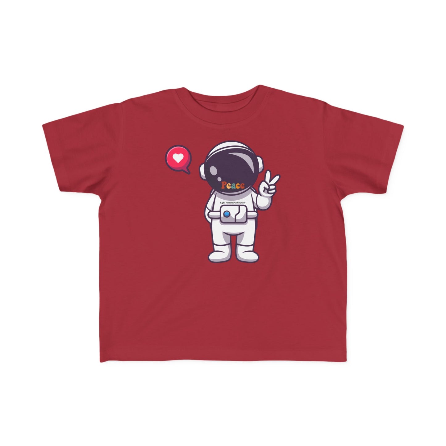 Peace Astronaut Toddler T-shirt featuring a cartoon astronaut with Peace on the helmet, perfect for sensitive skin, durable and ideal for first adventures.