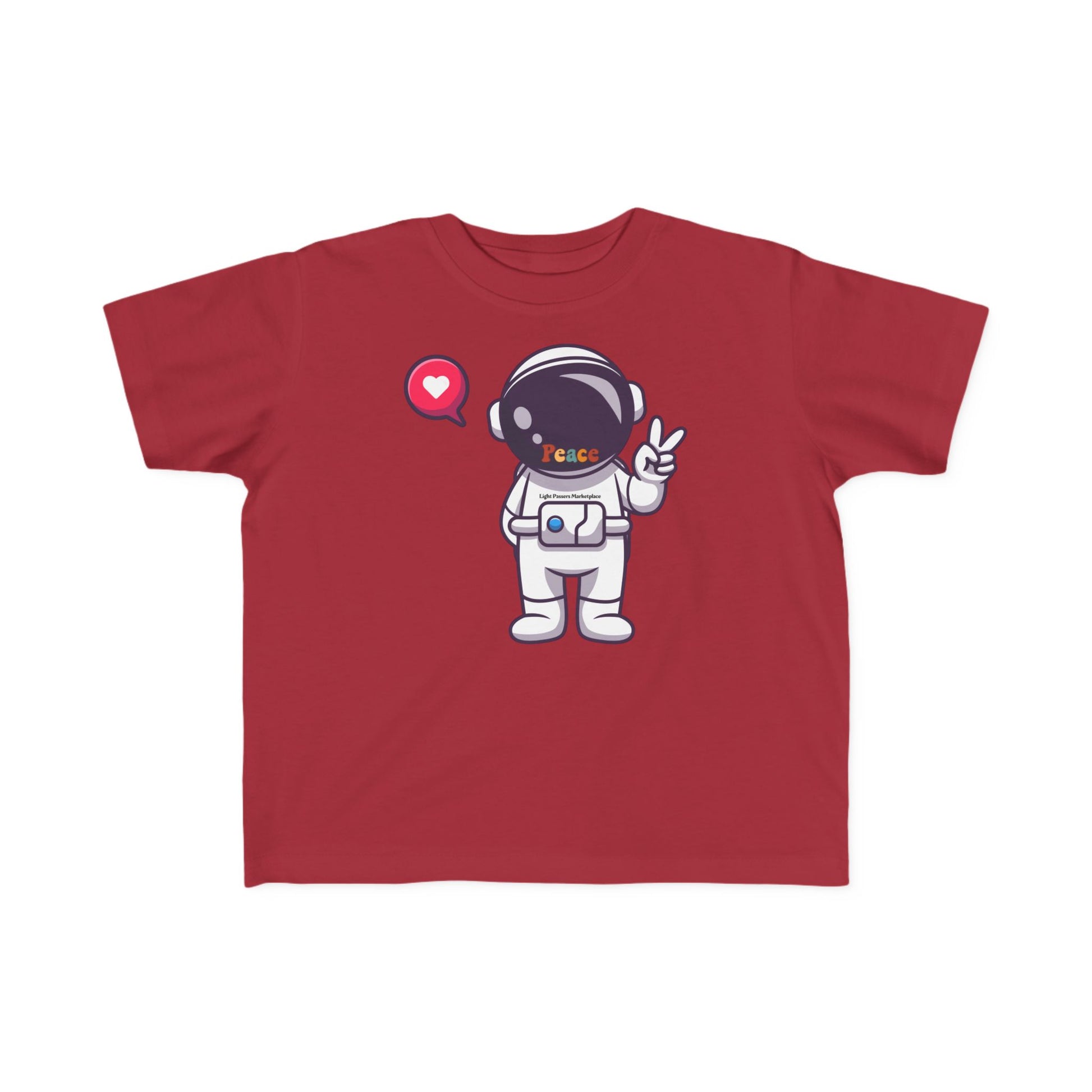 Peace Astronaut Toddler T-shirt featuring a cartoon astronaut with Peace on the helmet, perfect for sensitive skin, durable and ideal for first adventures.