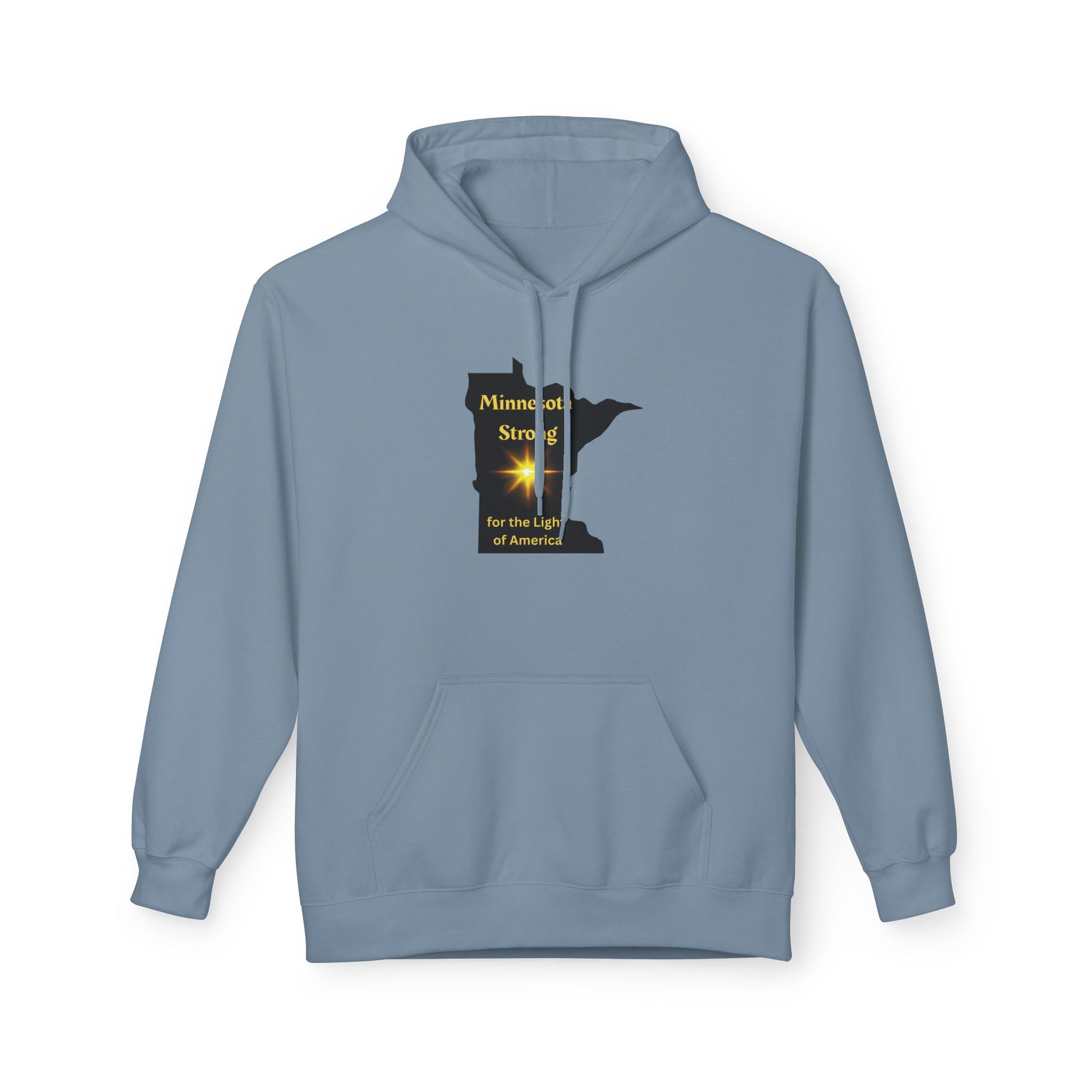 Light-blue hoodie featuring Minnesota Strong with state silhouette and glowing star, blending comfort with a message of community pride. Ideal for cozy, mindful wear.