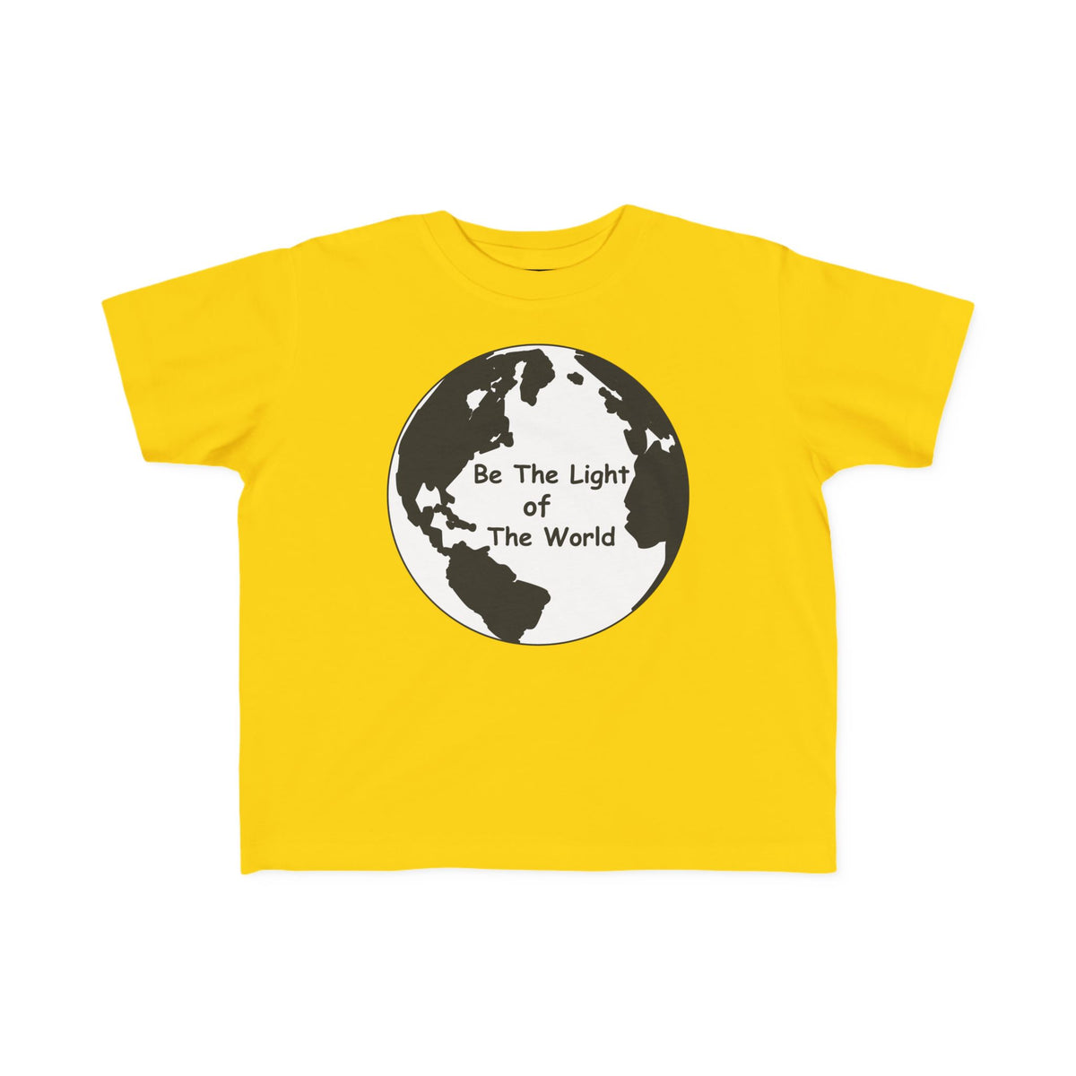 Yellow toddler T-shirt with crew neck and globe 'Be The Light Of The World' print