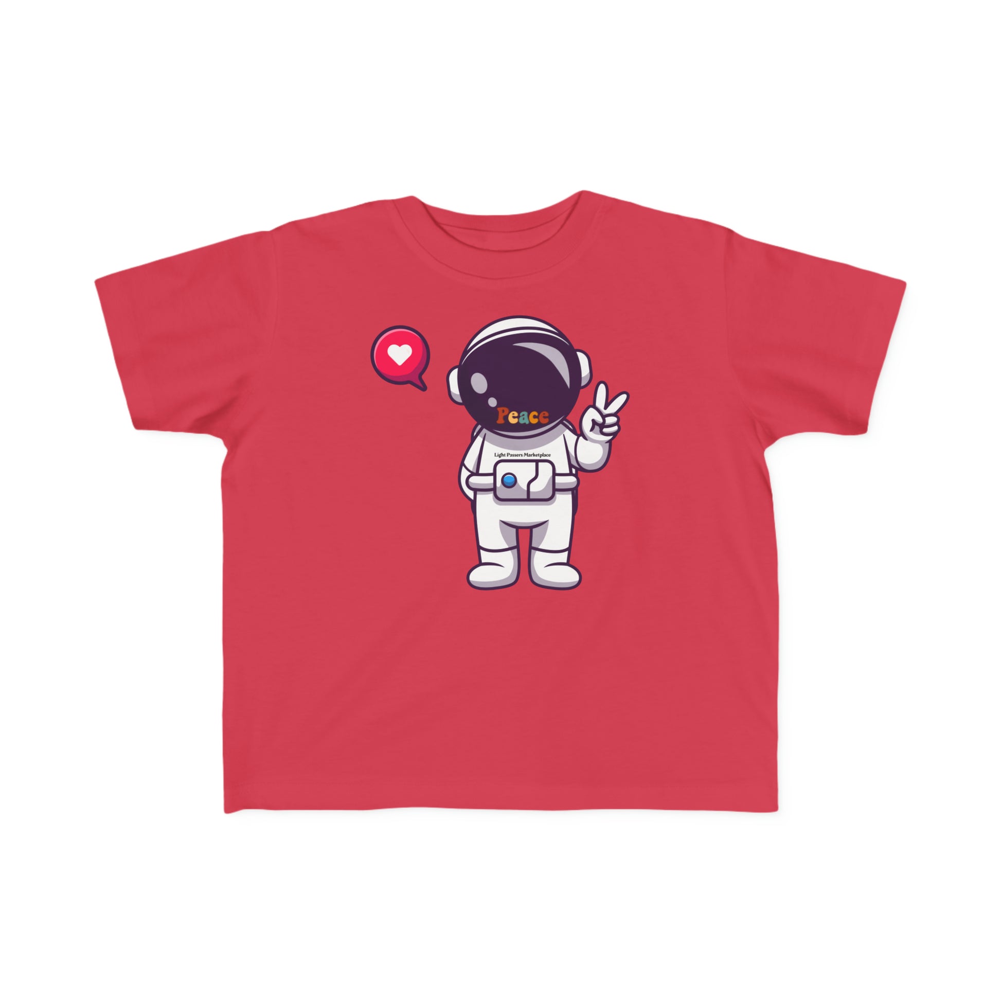 A red toddler t-shirt featuring a cartoon astronaut making a peace sign. Made of soft, durable 100% combed cotton, perfect for sensitive skin. Classic fit, tear-away label, and high-quality print.