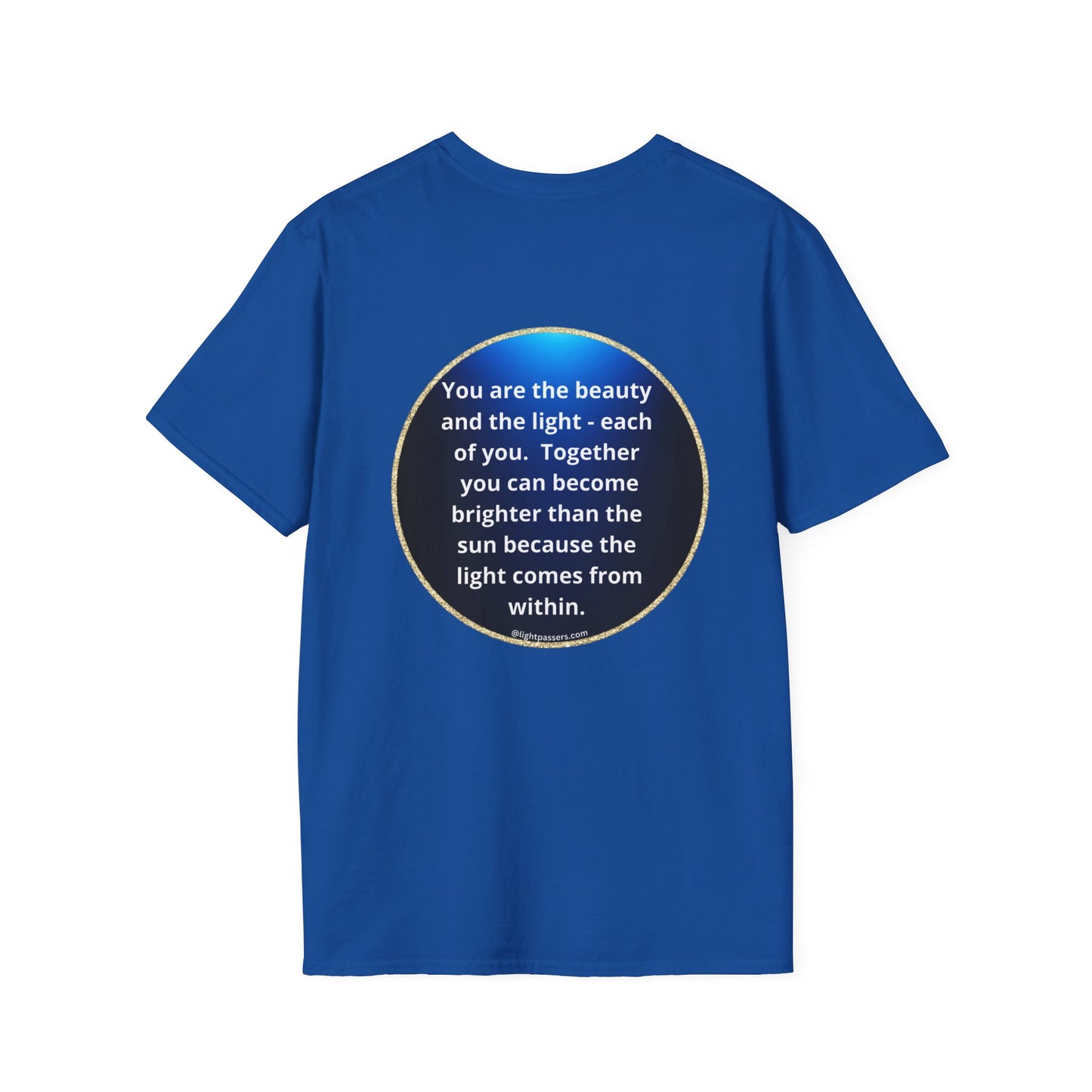 Unisex navy tee with circle logo on front and LP design on back. 100% cotton, no side seams, tear-away label for comfort. Medium fabric, classic fit.