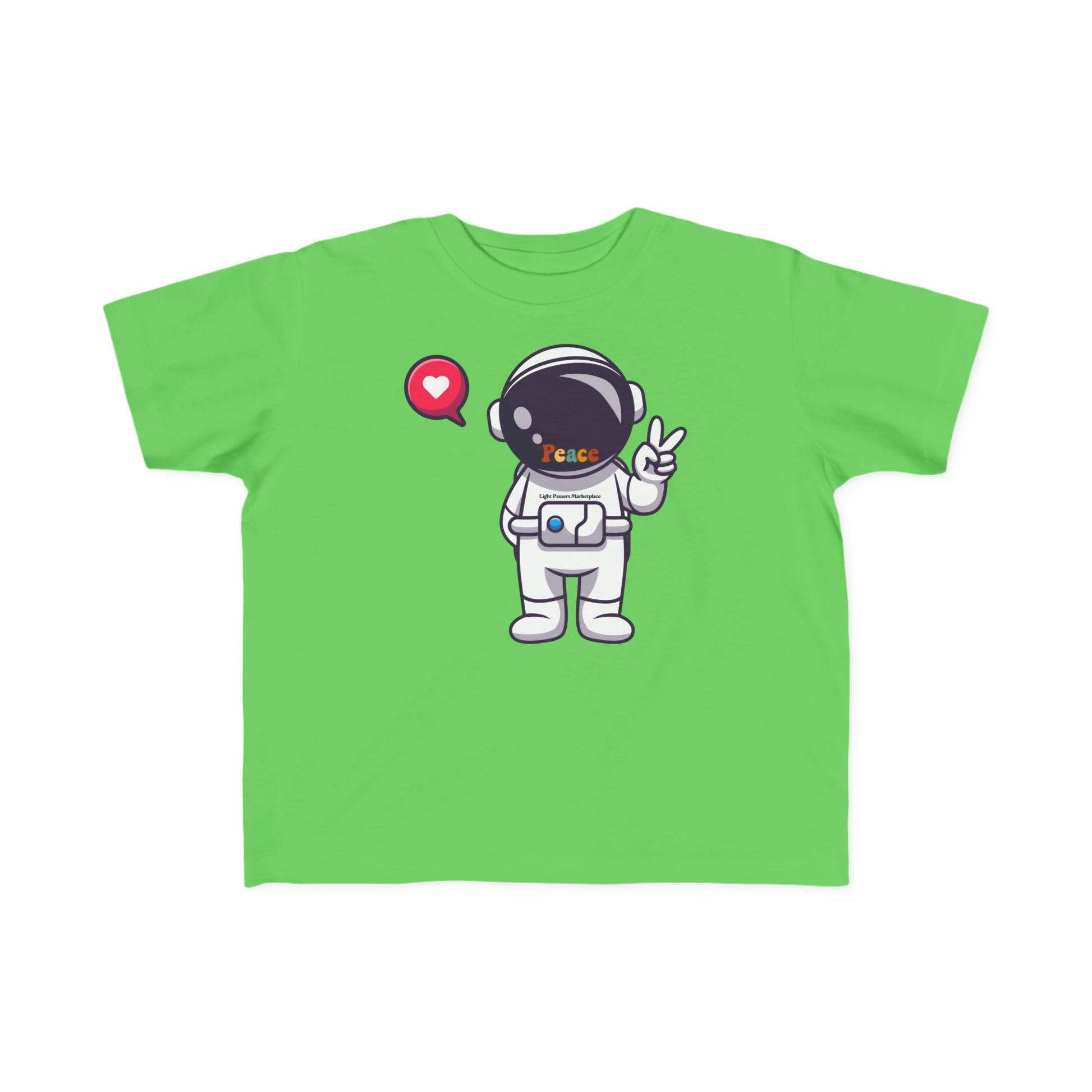 A green toddler tee featuring a cartoon astronaut and peace sign. Soft 100% combed cotton, durable print, tear-away label, and a classic fit. Ideal for sensitive skin and early adventures.