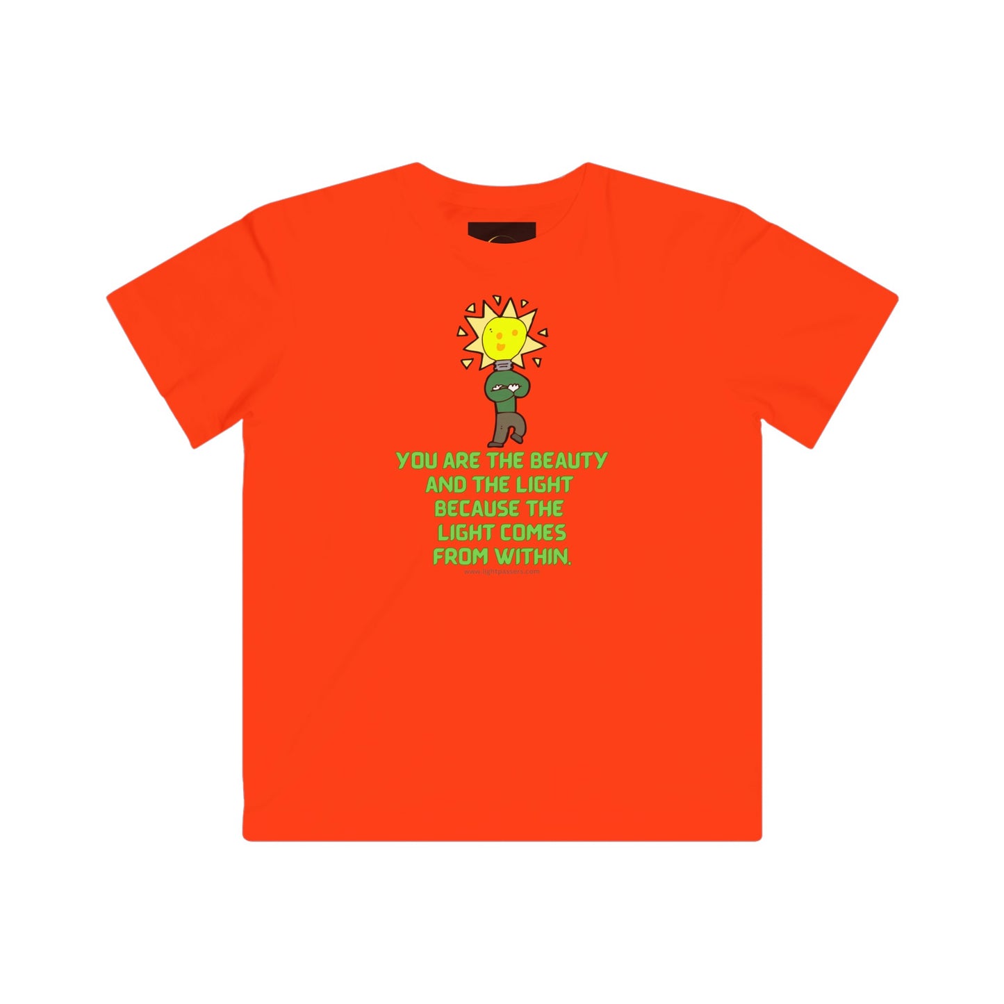 Youth t-shirt featuring a cartoon character and a light bulb design. Made of soft cotton fabric, with a high-quality print. Regular fit, tear-away label, and true to size.