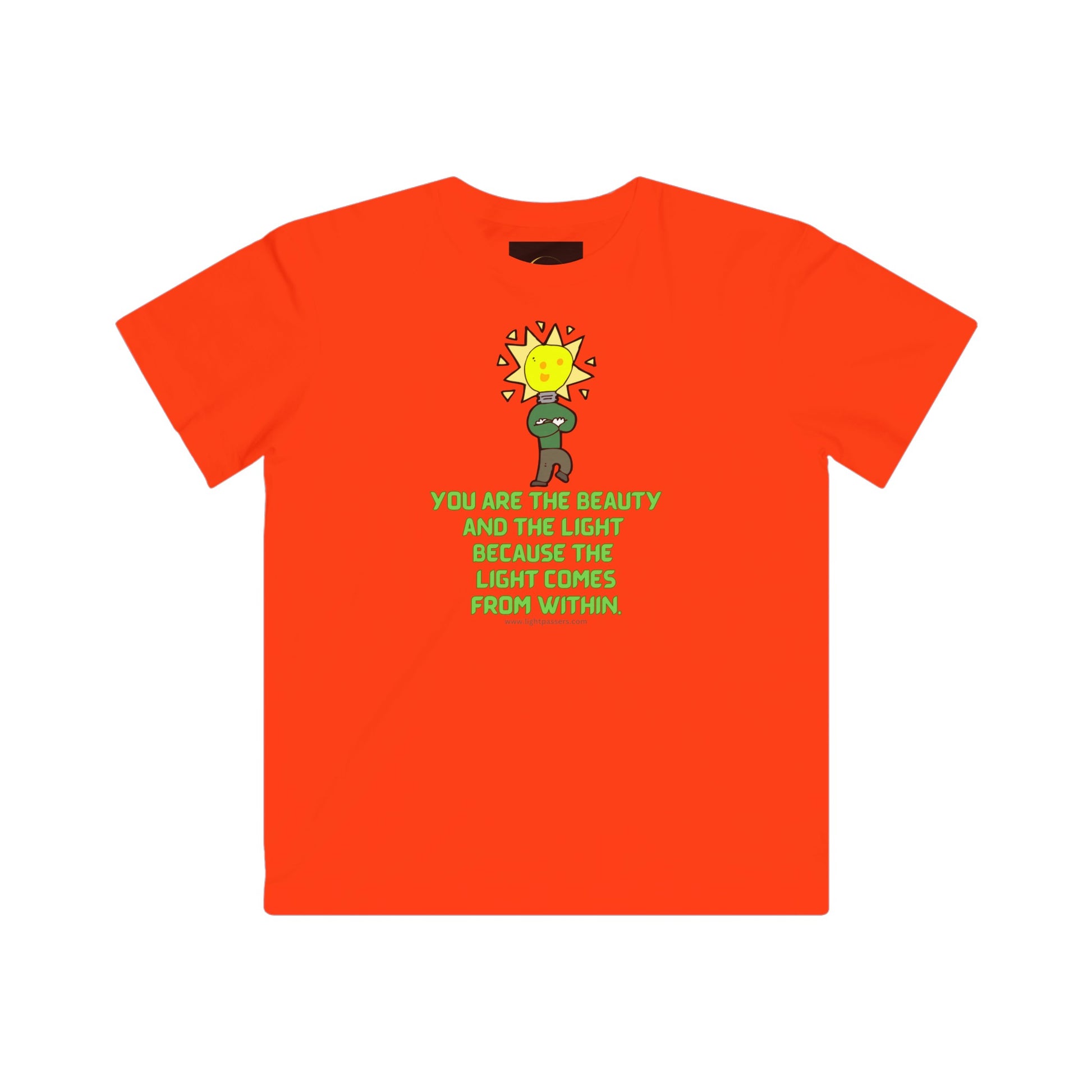 Youth t-shirt featuring a cartoon character and a light bulb design. Made of soft cotton fabric, with a high-quality print. Regular fit, tear-away label, and true to size.