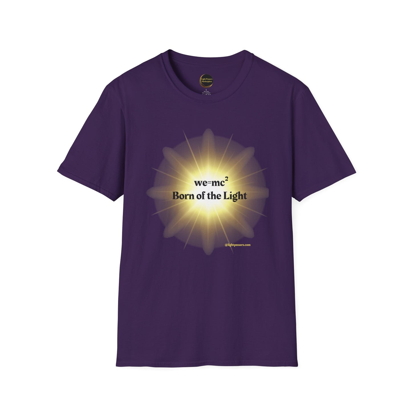 The Light 'we=mc2' Born of the Light Adult Unisex T-Shirt featuring a yellow sunburst design on a purple background, perfect for science enthusiasts.