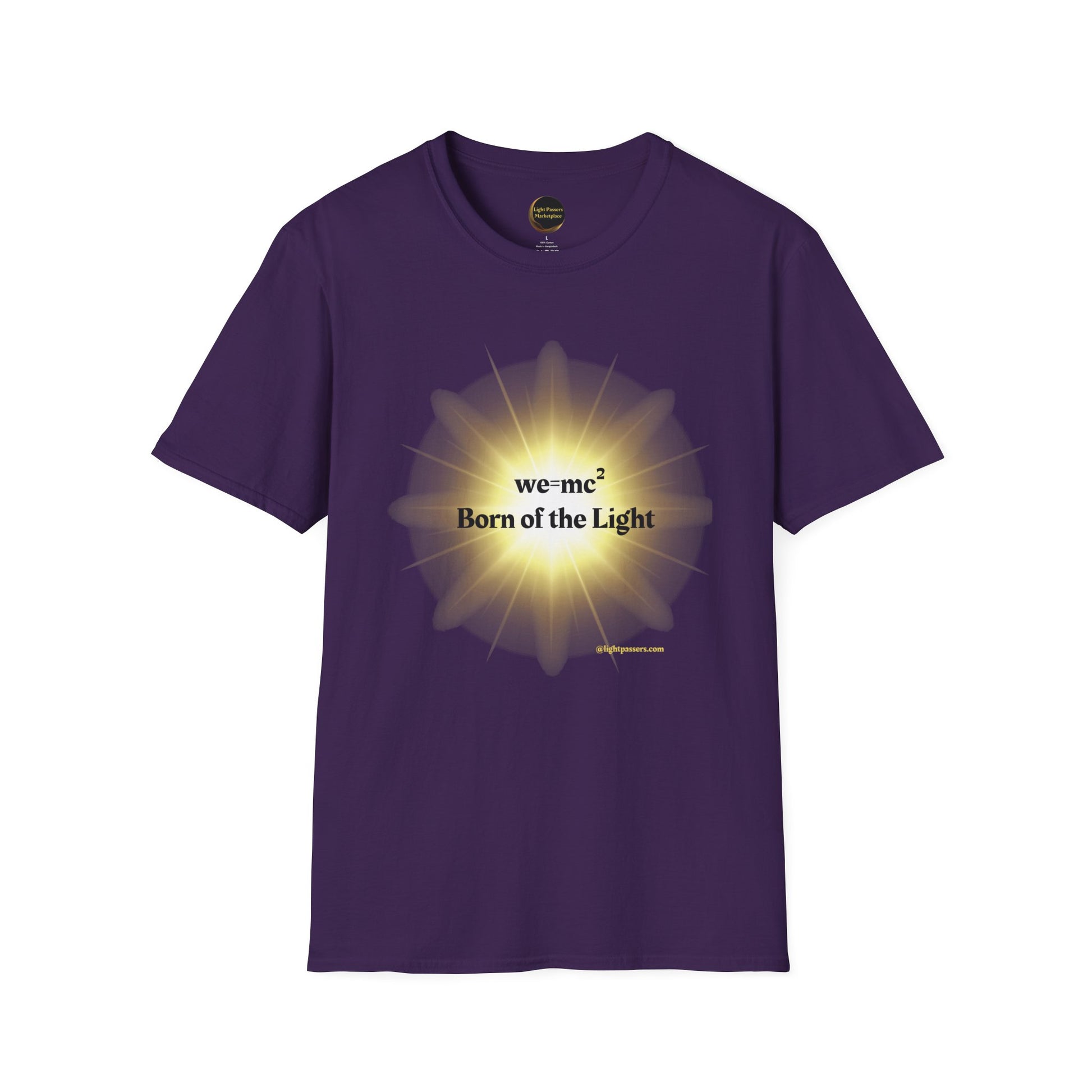 The Light 'we=mc2' Born of the Light Adult Unisex T-Shirt featuring a yellow sunburst design on a purple background, perfect for science enthusiasts.