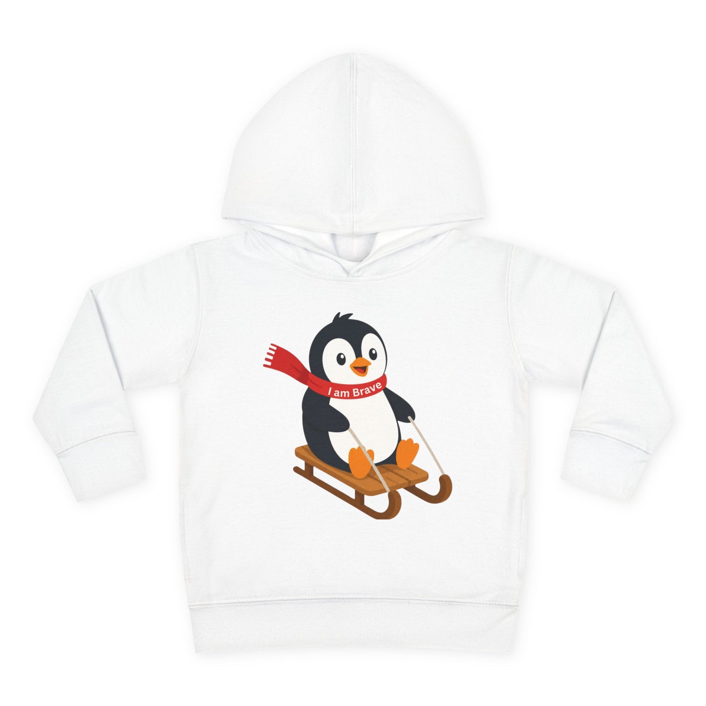 Toddler I am Brave red scarf Penguin Hoodie – Cute Sledding Penguin Pullover for Kids