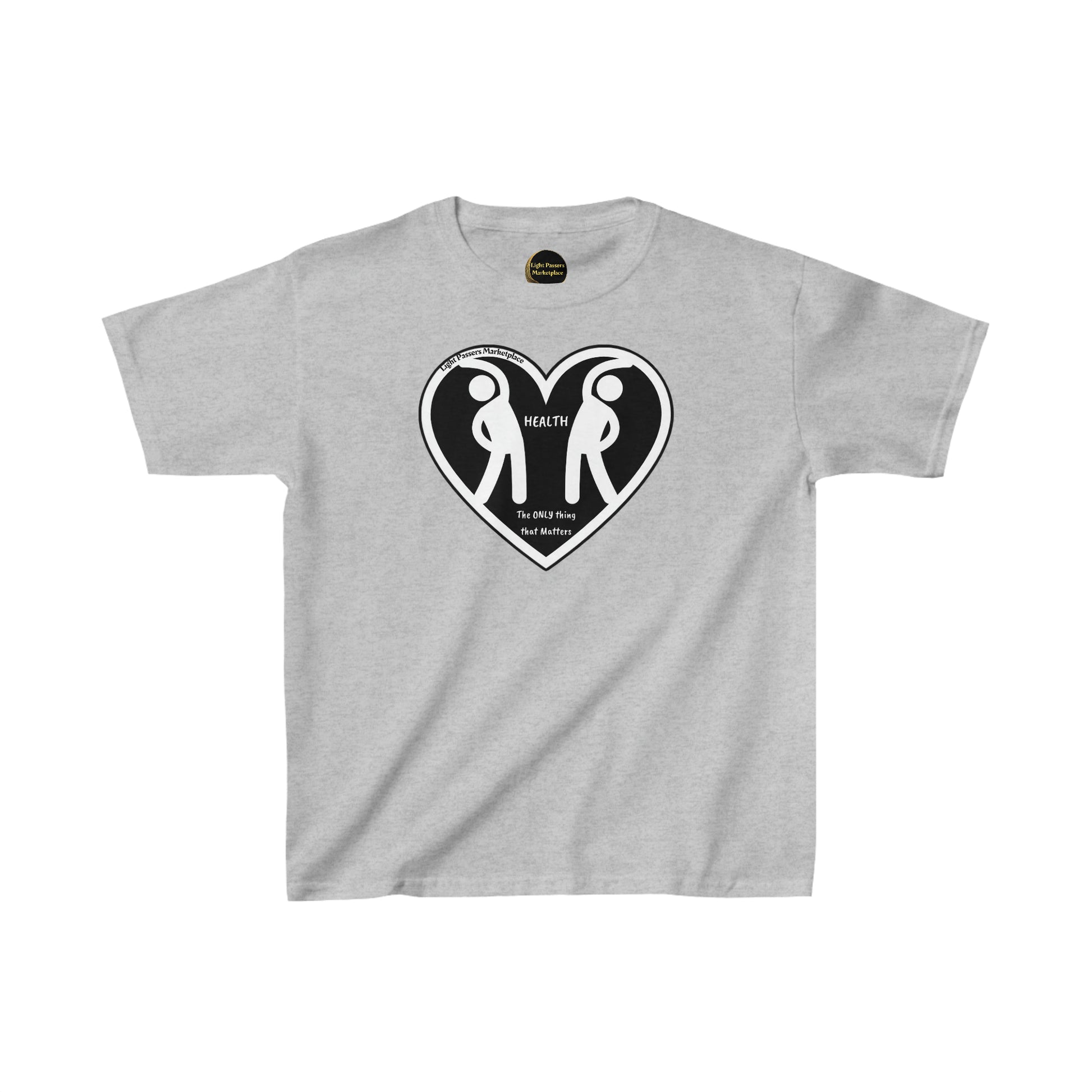 Two Figures Stretch Youth T-shirts: Grey cotton tee with heart and people design. Soft, durable fabric blend, ribbed collar, tear-away labels, and ethical US cotton construction.