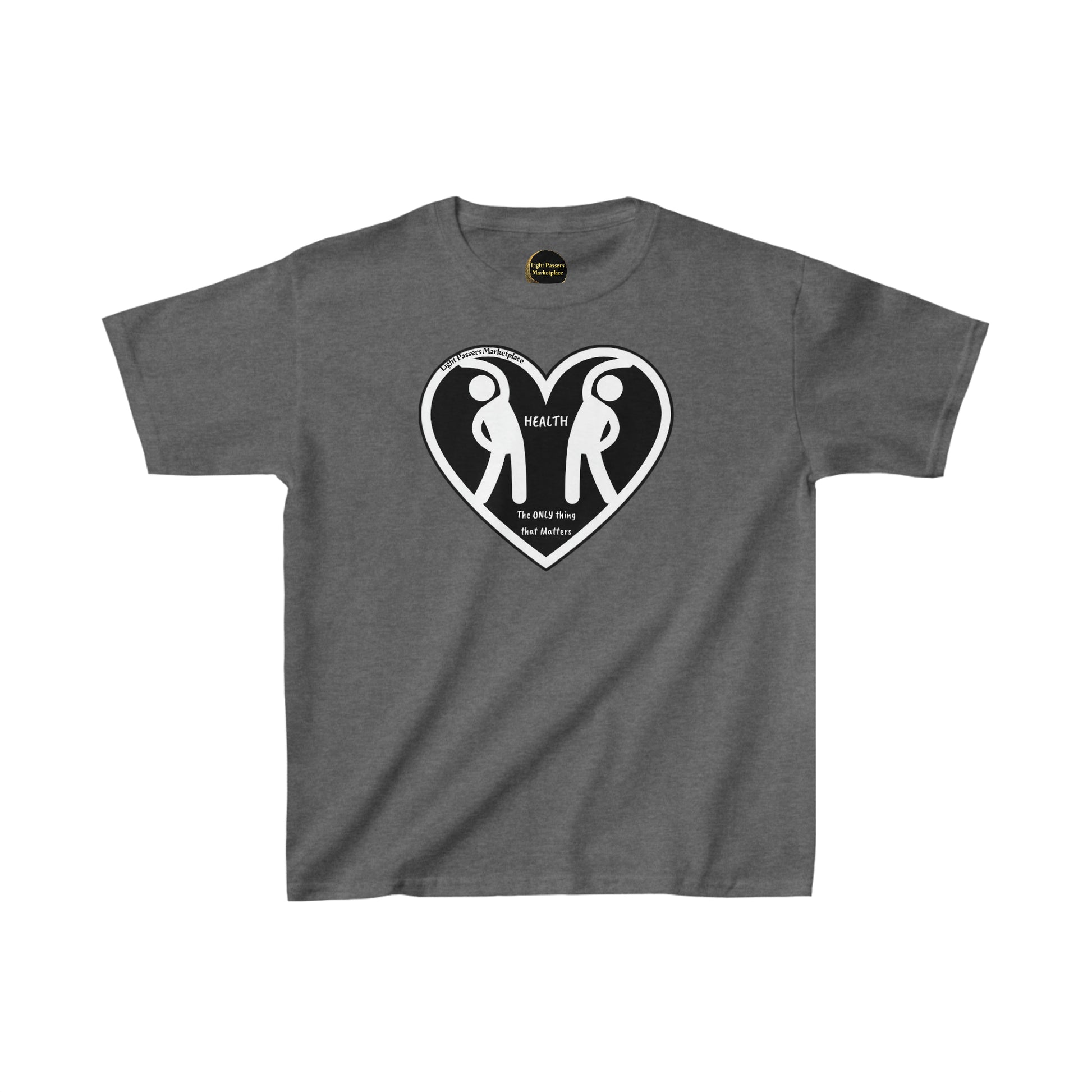 Two Figures Stretch Youth T-shirts: Grey tee with heart and people sticker, ideal for everyday wear. 100% cotton fabric, twill tape shoulders, ribbed collar, no side seams. Ethically made with US cotton.