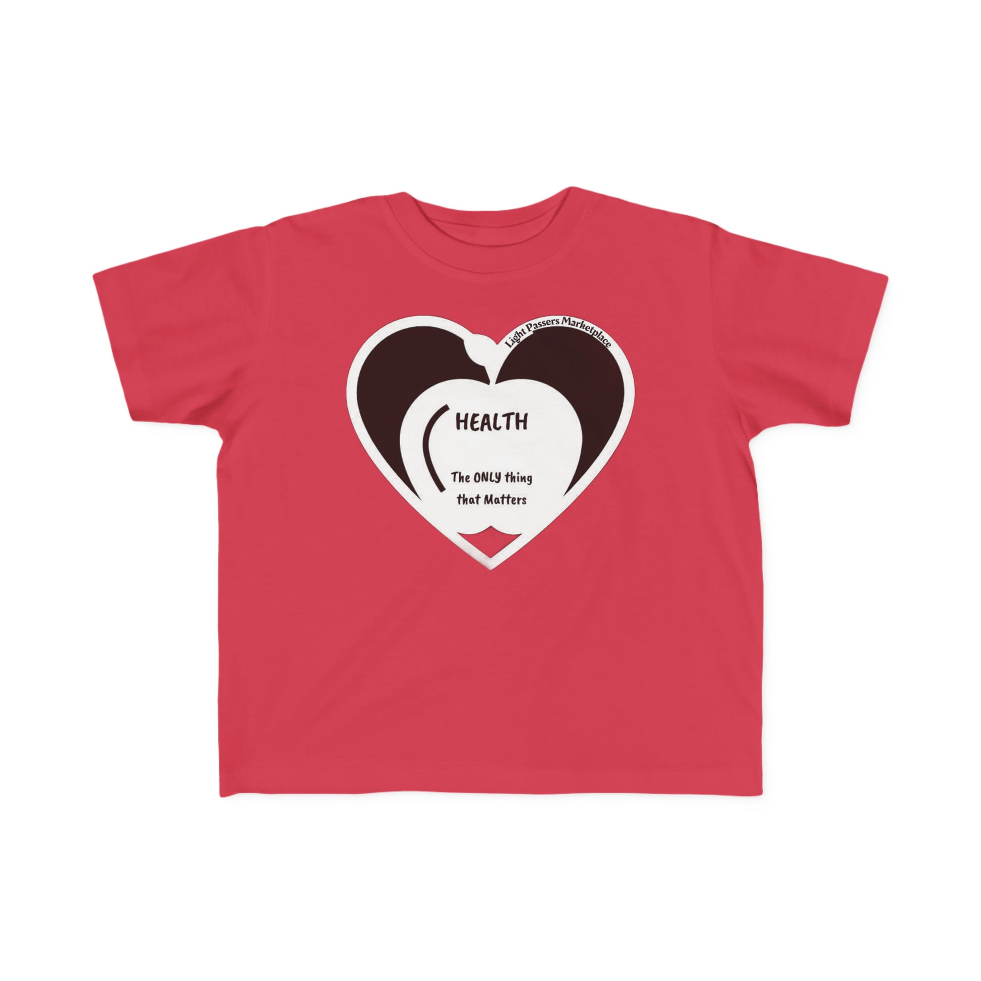 A red toddler t-shirt featuring a heart and text design, made of soft 100% combed cotton for sensitive skin. Durable print, light fabric, tear-away label, classic fit.