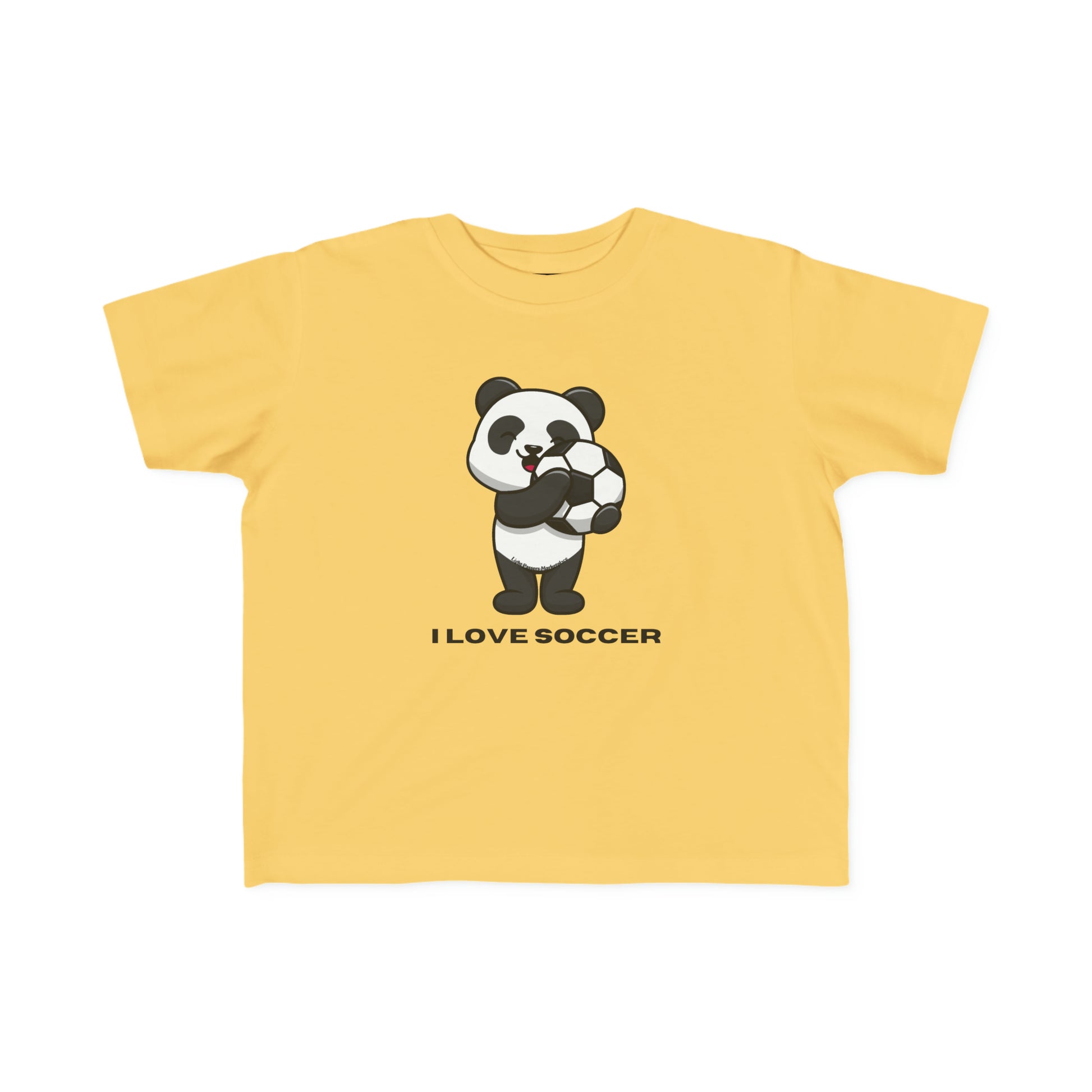 A yellow toddler t-shirt featuring a cartoon panda holding a football ball. Made of 100% combed cotton, light fabric, durable print, tear-away label, and a classic fit.