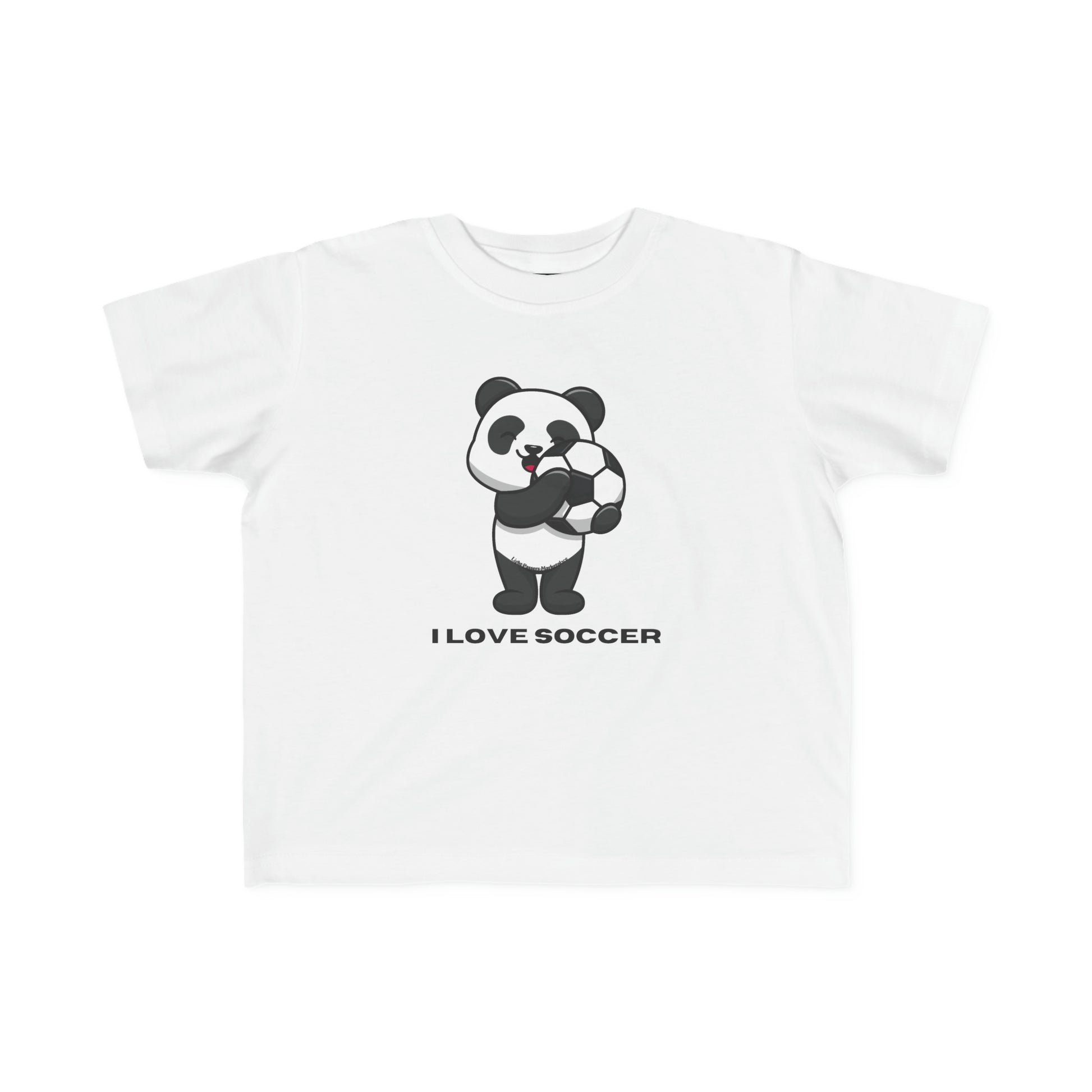 A toddler's white tee featuring a cartoon panda with a football, ideal for sensitive skin. Made of 100% combed cotton, light fabric, and a tear-away label.