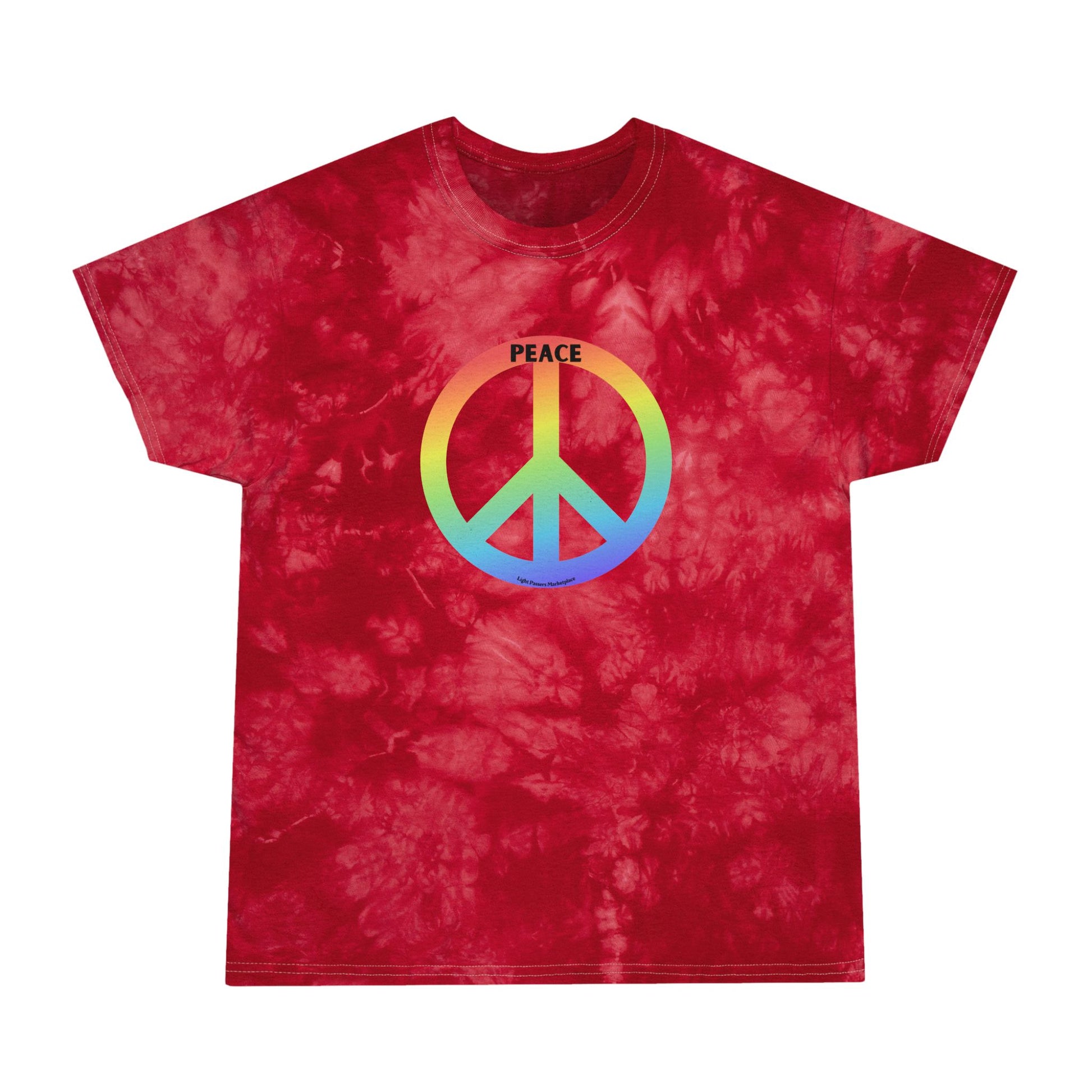 Red tie-dyed T-shirt with a rainbow peace symbol and PEACE text, embodying a 60s-70s retro vibe, from Light Passers Marketplace.