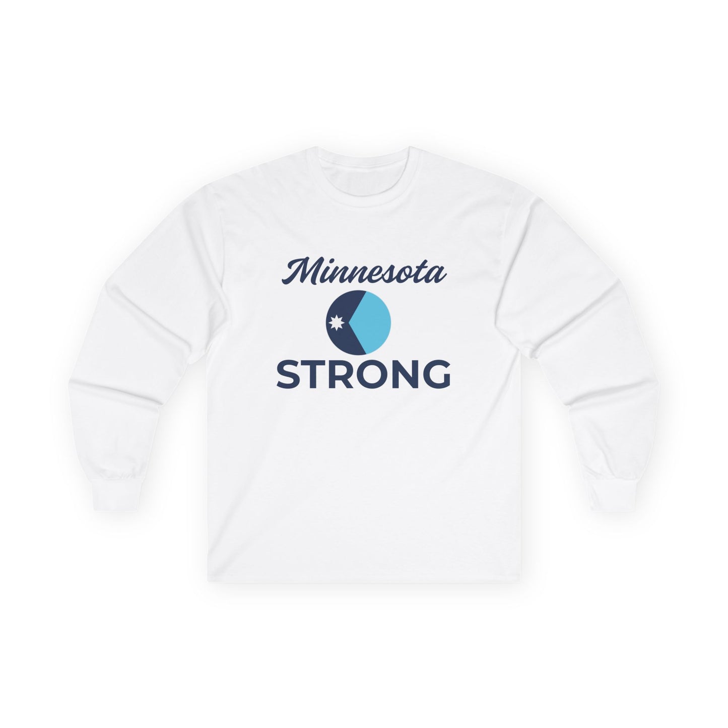 Unisex Minnesota Strong Long Sleeve Tee featuring Minnesota STRONG text and blue emblem; classic fit, environmentally-friendly cotton, ideal for layering.