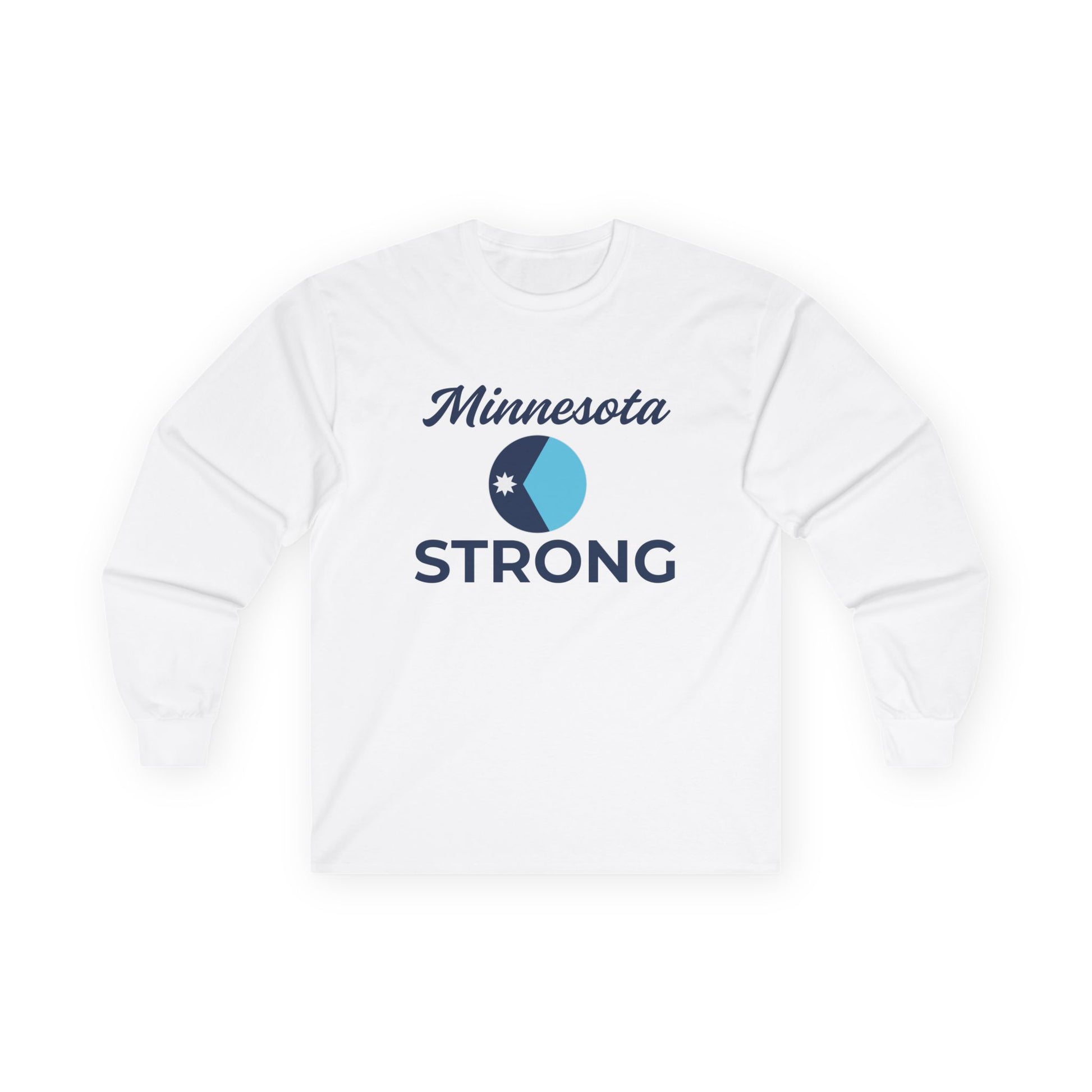 Unisex Minnesota Strong Long Sleeve Tee featuring Minnesota STRONG text and blue emblem; classic fit, environmentally-friendly cotton, ideal for layering.