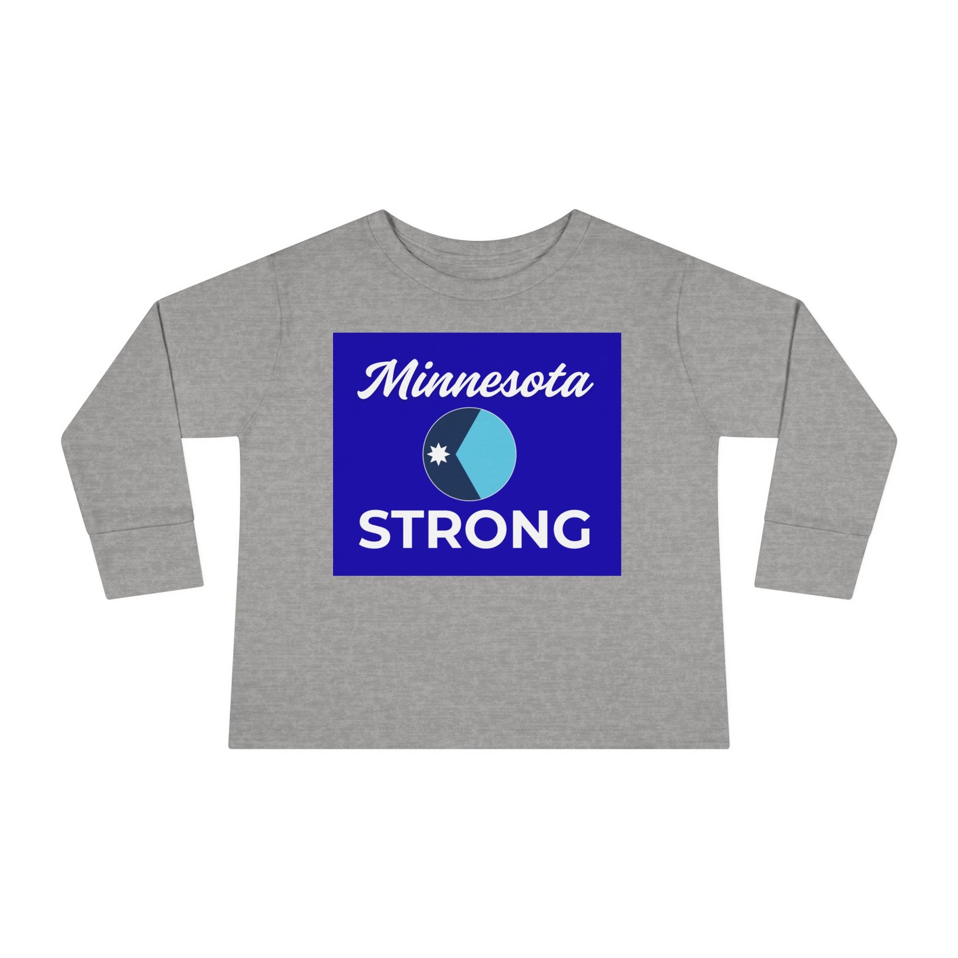 Light-heather gray toddler long-sleeve tee with Minnesota Strong graphic, combining comfort and community pride, from Light Passers Marketplace's inspirational collection.