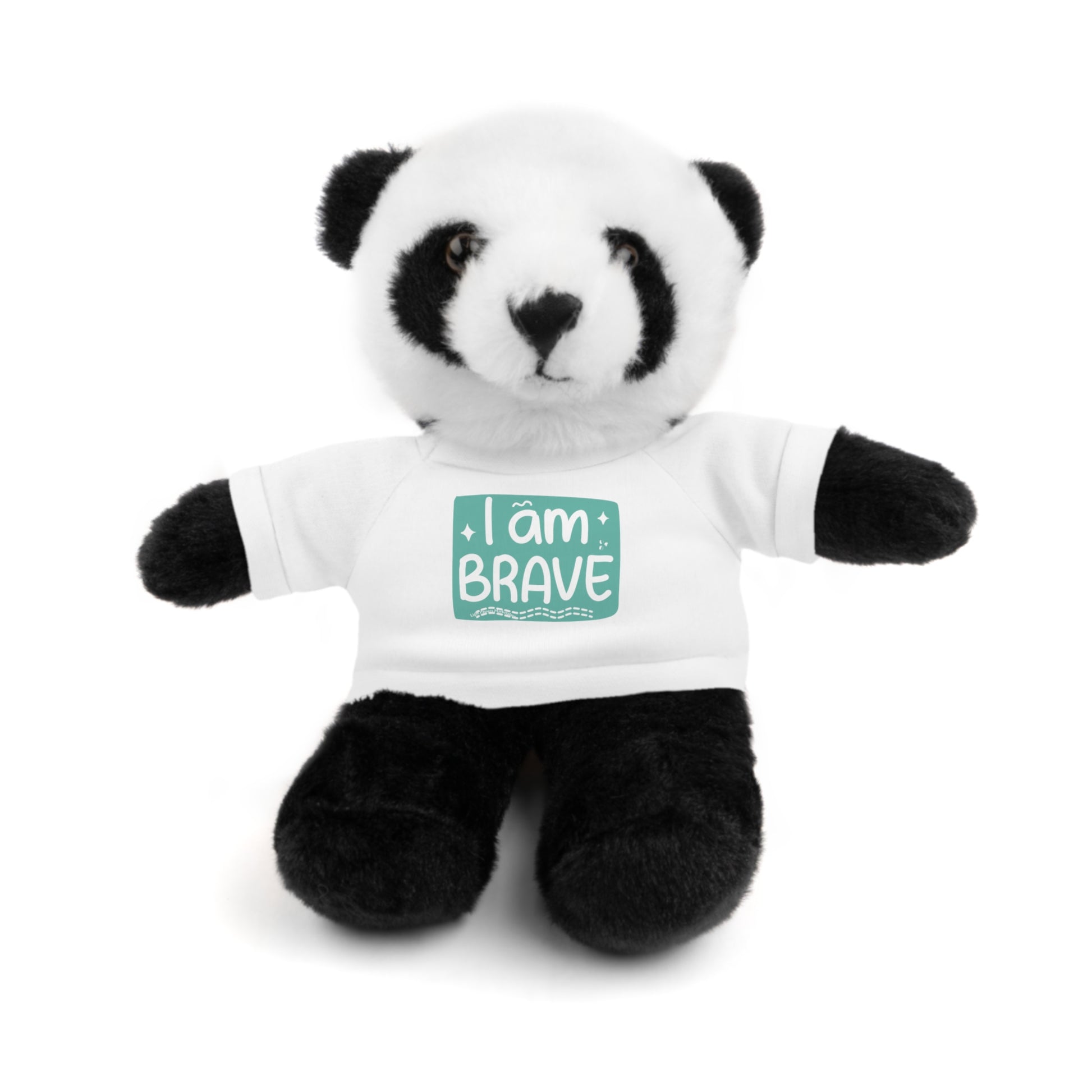 Stuffed panda bear wearing a removable white I am Brave tee, part of the Cool Stuff Stuffies collection of customizable plush toys.