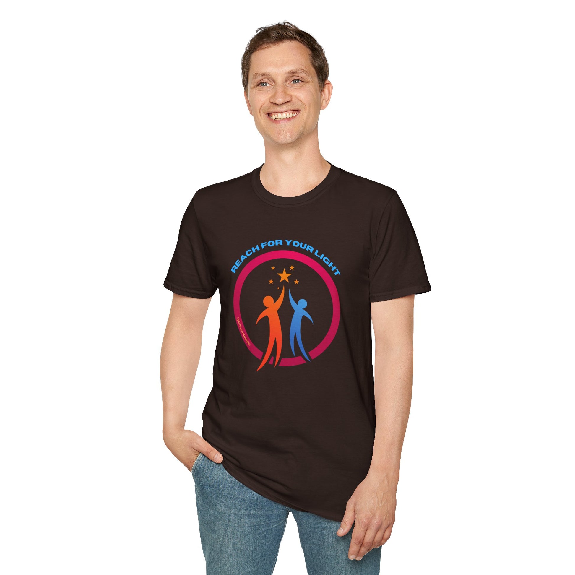 A smiling man in a black Reach for Your Light unisex t-shirt, showcasing a comfortable, 100% cotton fabric with twill tape shoulders and ribbed collar. No side seams for enhanced durability and style.