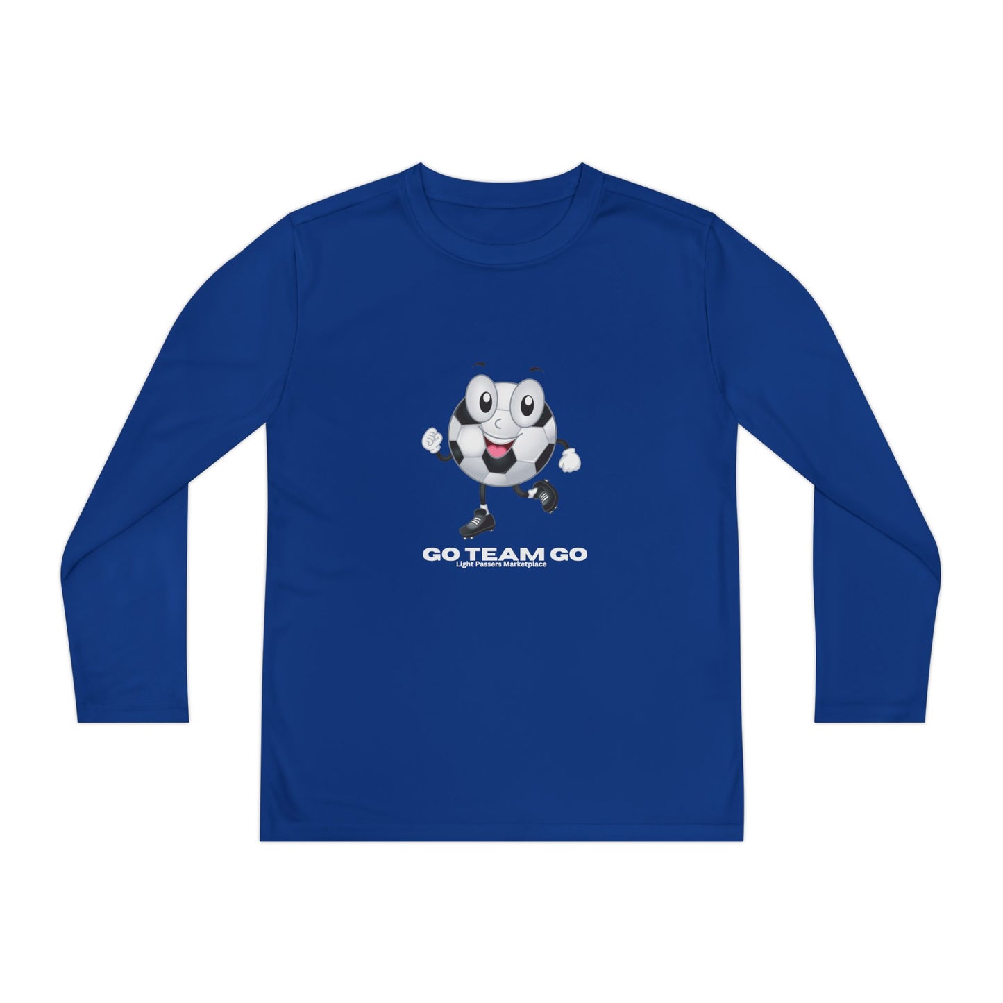 Youth Long Sleeve Soccer Ball Guy Go Team Go tee with cheerful soccer ball character, slogan, and Light Passers Marketplace text, ideal for energetic young sports fans.
