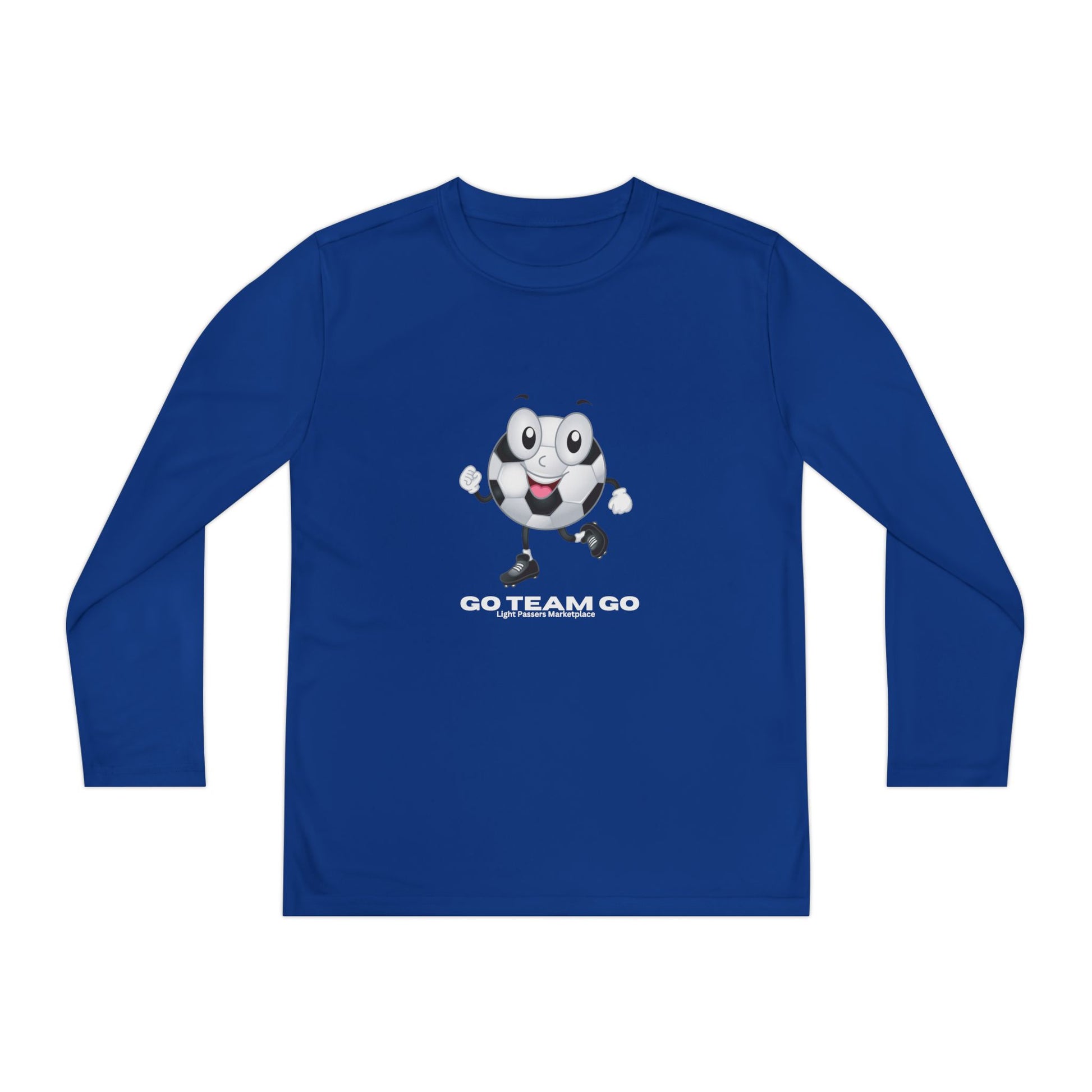Youth Long Sleeve Soccer Ball Guy Go Team Go tee with cheerful soccer ball character, slogan, and Light Passers Marketplace text, ideal for energetic young sports fans.