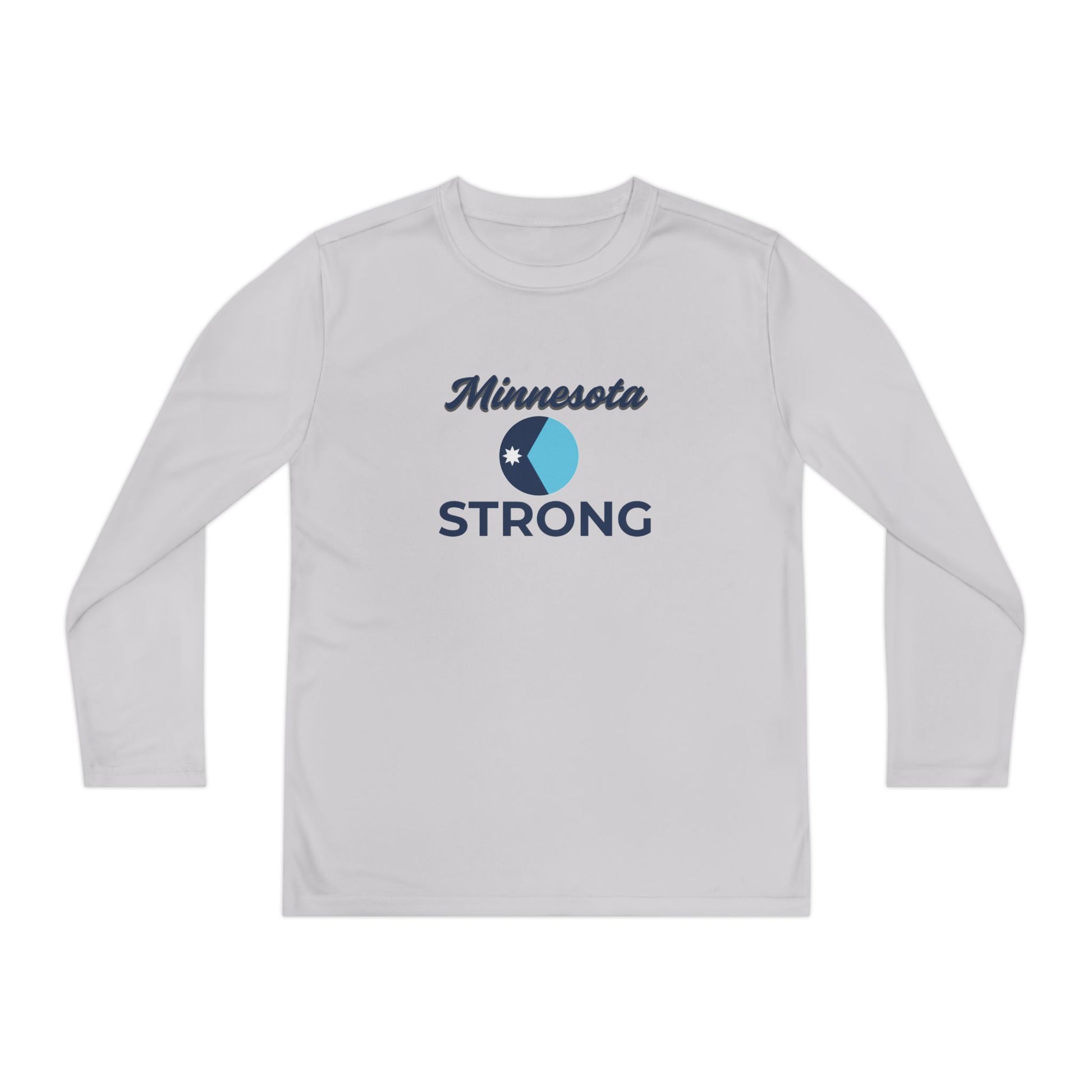 Youth long-sleeve tee with Minnesota Strong graphic, combining athletic comfort and civic pride, from Light Passers Marketplace's inspirational collection.