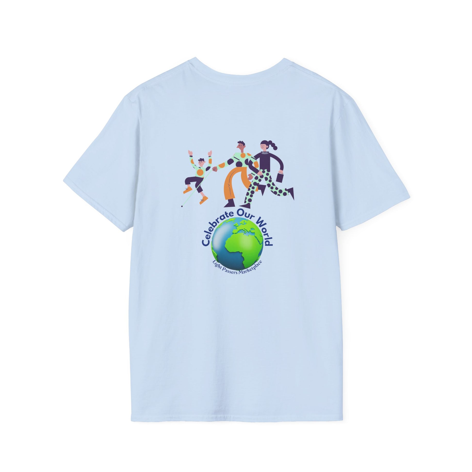 A white unisex t-shirt featuring a globe and dancing people, made of soft 100% ring-spun cotton. Ethically sourced and durable, ideal for versatile, comfortable wear year-round.