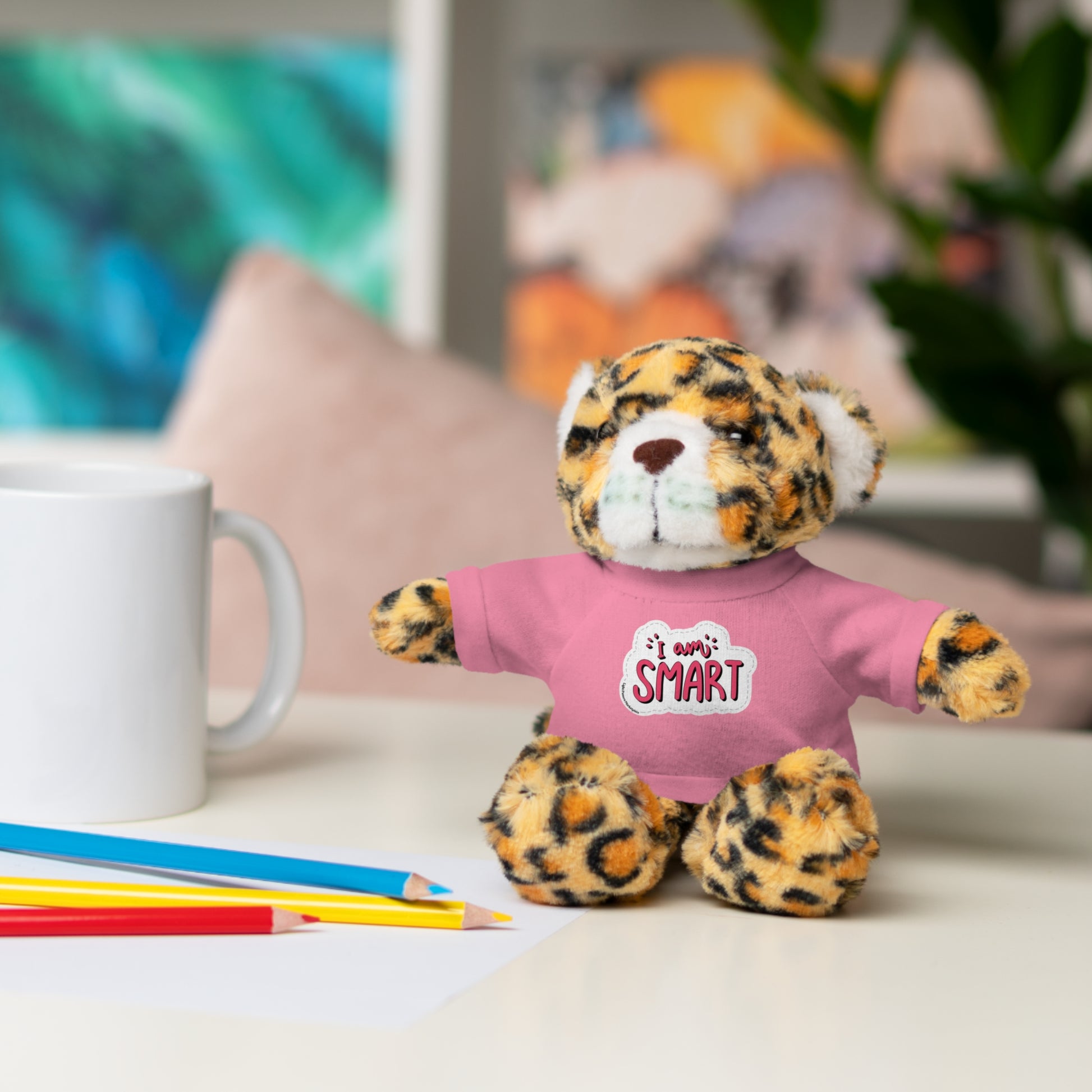 Cool Stuff Stuffies: Six plush animals with 'I am Smart' shirts, including Bear, Sheep, Bunny, Jaguar, Panda, and Lion, perfect for educational play.