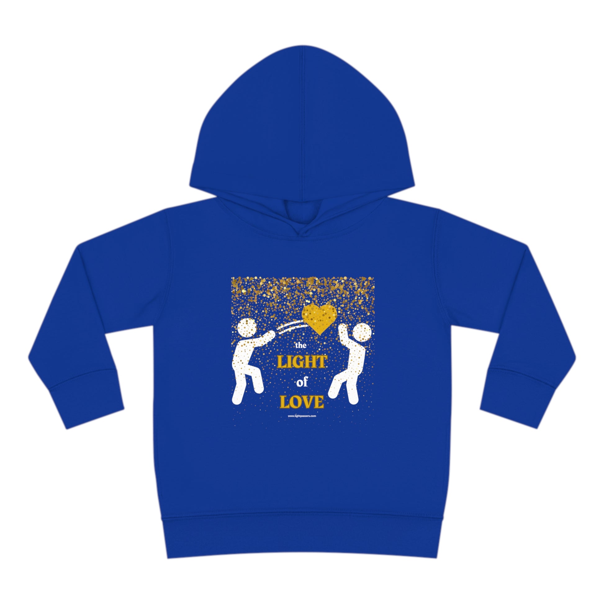 A Rabbit Skins toddler hoodie featuring a blue design with dancing figures and a yellow heart detail. Jersey-lined hood, side seam pockets, and durable stitching for lasting coziness.