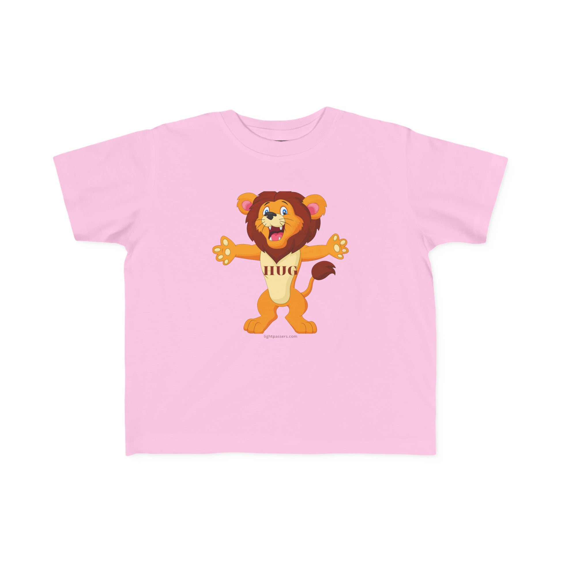 A toddler's tee featuring a cartoon lion with outstretched arms. Made of 100% combed, ring-spun cotton, light fabric, tear-away label, and a durable print. Ideal for sensitive skin.