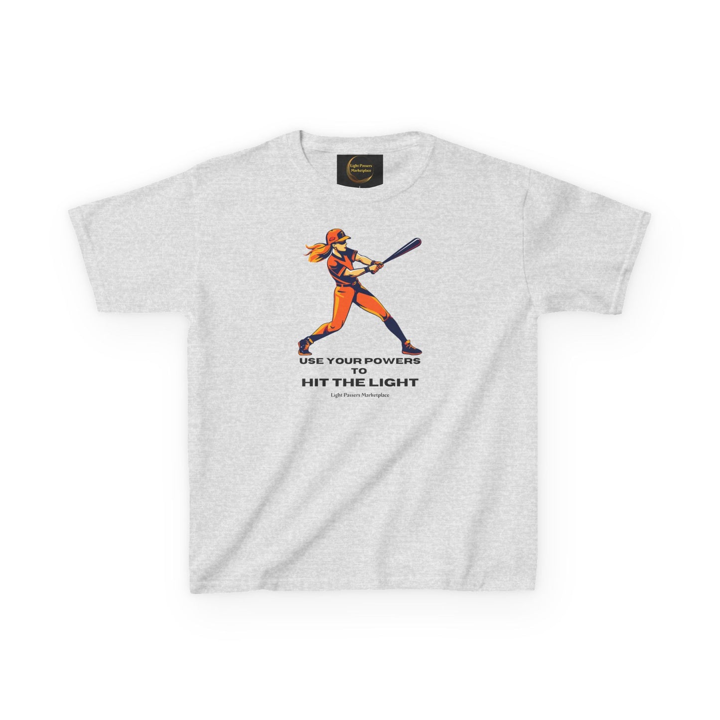 Youth T-shirt featuring a female player mid-swing with USE YOUR POWERS TO HIT THE LIGHT message, embodying Light Passers Marketplace's inspirational ethos.
