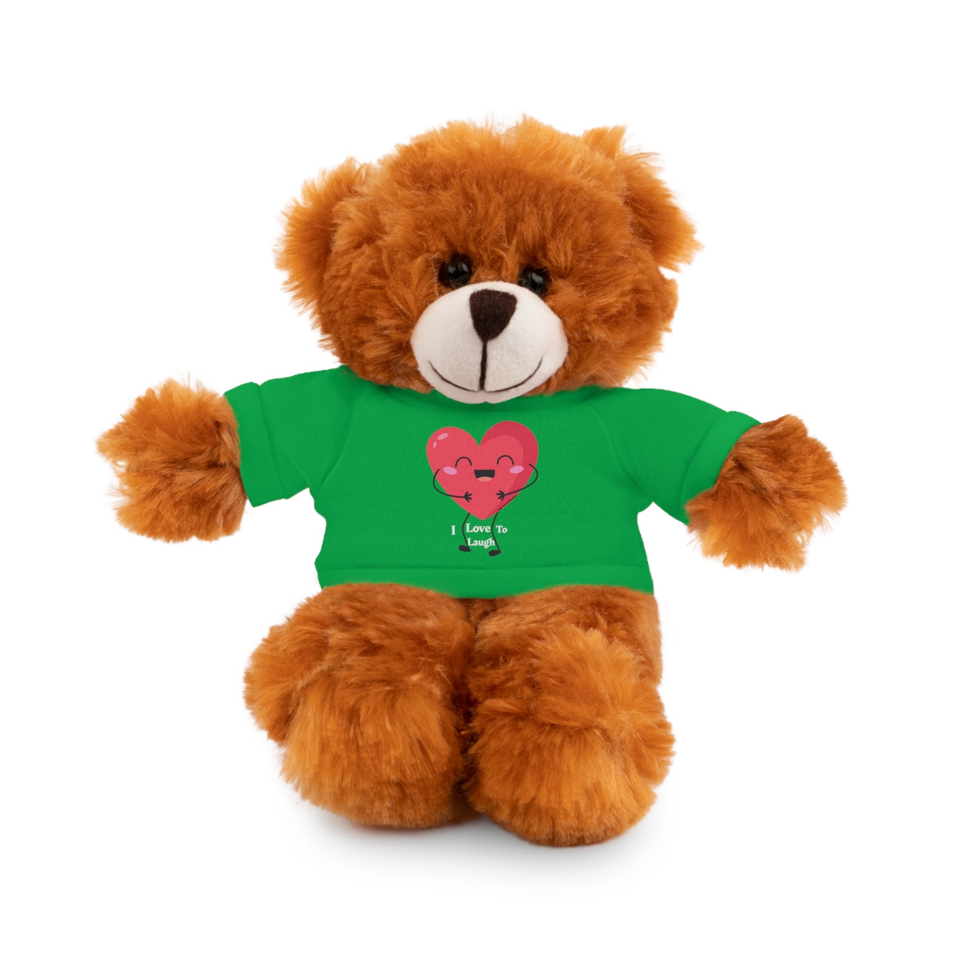 Stuffed bear wearing a green shirt with I Love to Laugh heart design, part of Cool Stuff Stuffies' customizable, huggable toy collection.