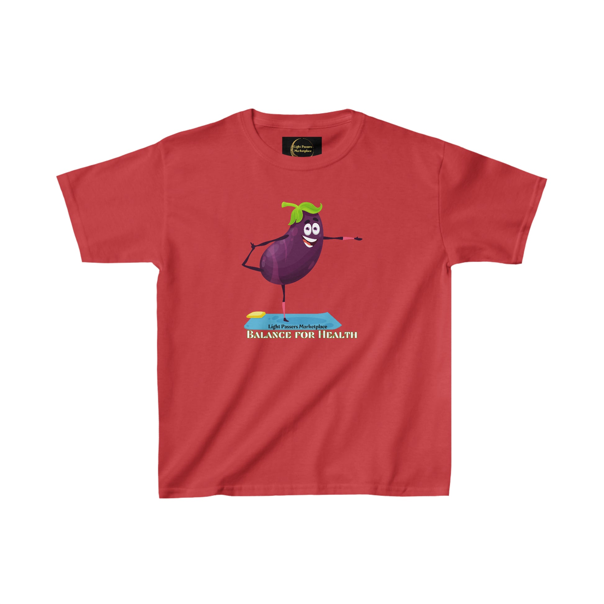 Youth red t-shirt featuring a cartoon eggplant standing on one leg. Made of 100% cotton with twill tape shoulders for durability and curl-resistant collar. Ethically sourced US cotton.