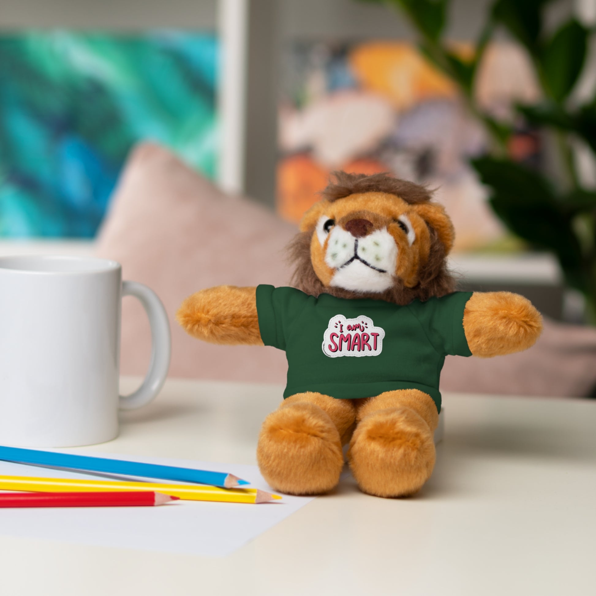Cool Stuff Stuffies: Six plush animals with 'I am Smart' T-shirts, ideal for educational play, featuring bear, sheep, bunny, jaguar, panda, and lion.