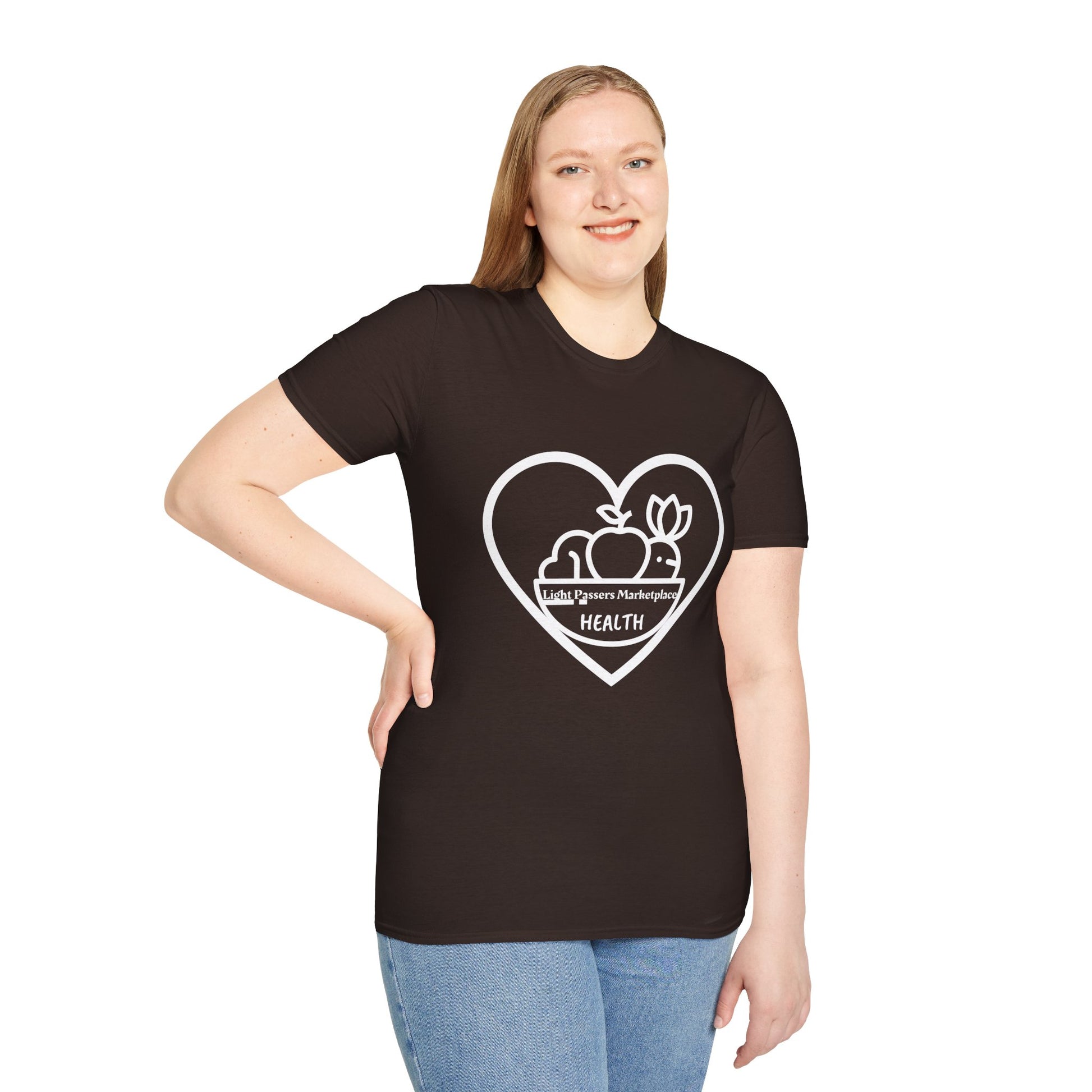 A woman in a black shirt smiles, showcasing the Light Passers Marketplace Fruit Basket Unisex T-Shirt. The tee features a heart logo and is made of soft, durable cotton with a crew neckline.