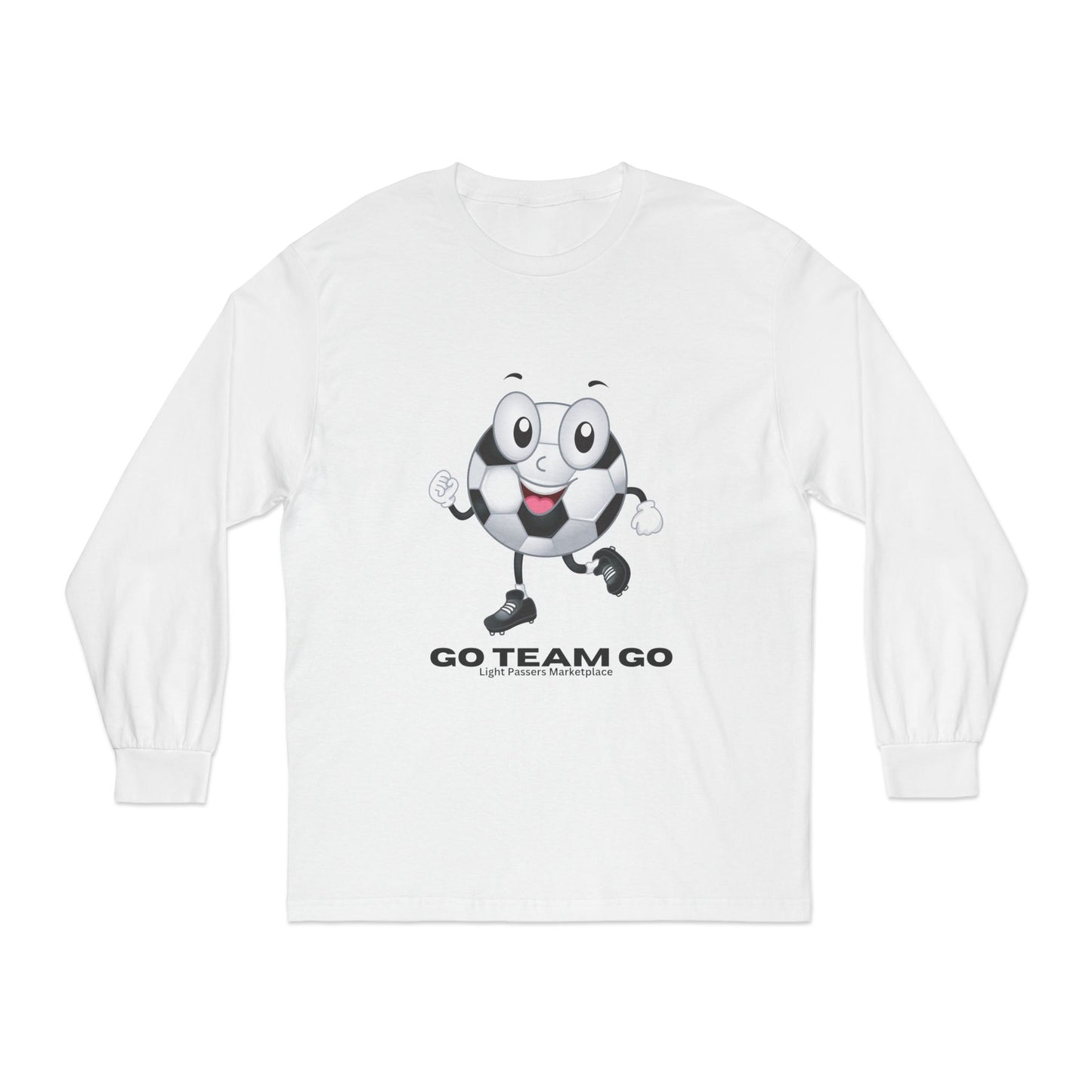 Soccer Ball Long Sleeve - Go Team Go Design Adult Unisex T-shirt featuring a cartoon soccer ball character with GO TEAM GO slogan, perfect for sports fans.